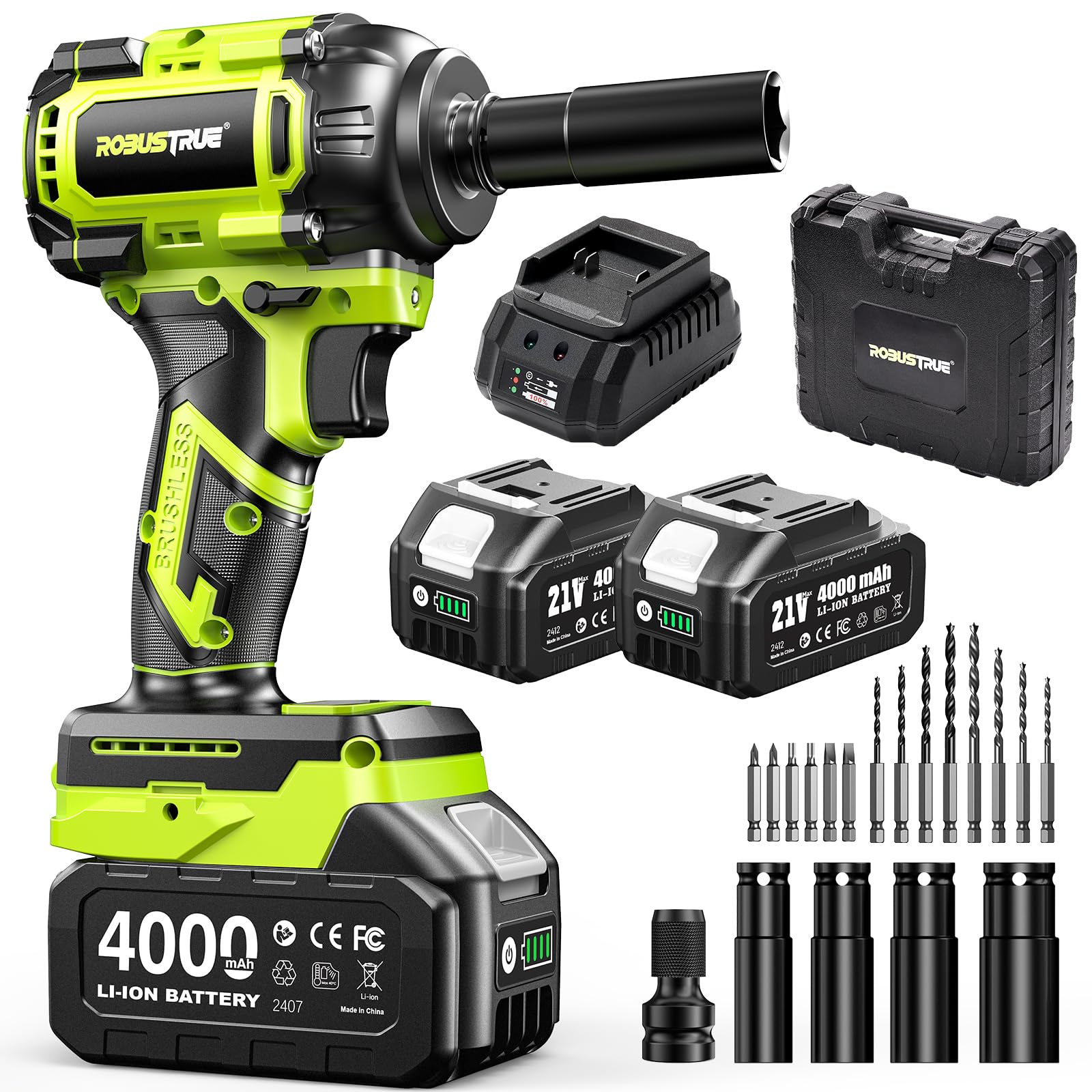 Cordless Impact Wrench, 590Ft-lbs (800N.m) Brushless 1/2 inch, 2800RPM High Torque Impact Gun, 2x 4.0Ah Battery, Charger, 4 Sockets, Electric Impact Wrench for Car Home