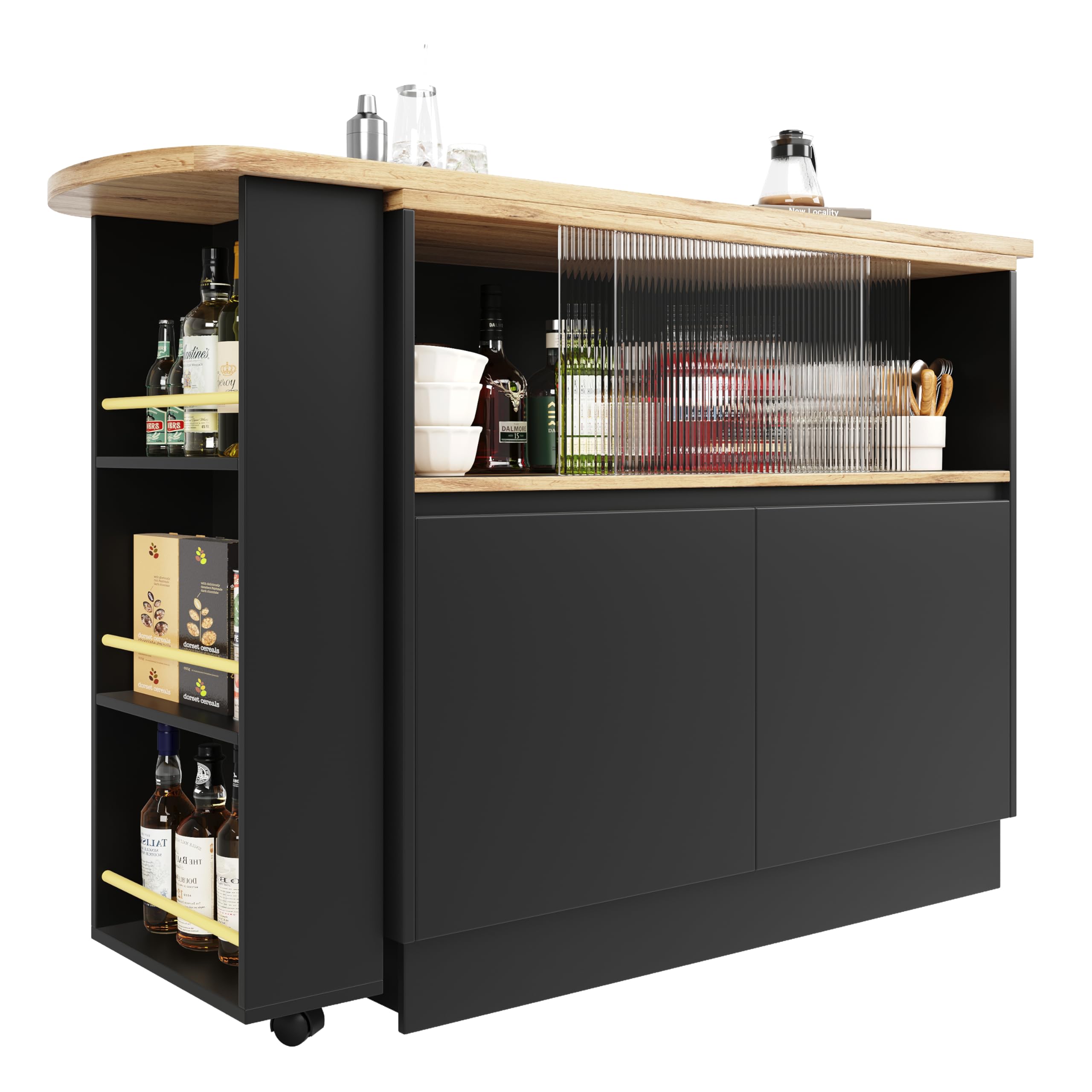 Comestible giratorio 360° (cuerpo principal 90 x 45 x 100 cm), moderno, simple, multifuncional, giratorio con estantes y cristal, adecuado para cocinas y restaurantes (negro)