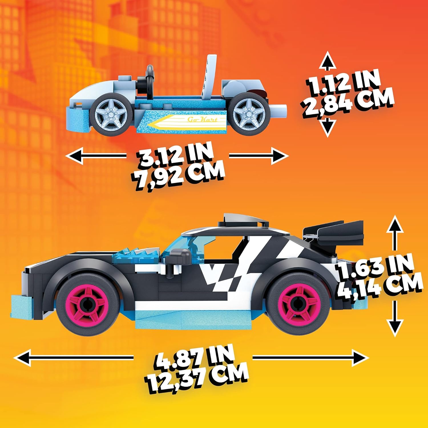 Diagram showing the dimensions of the assembled Track Ripper car and Kart