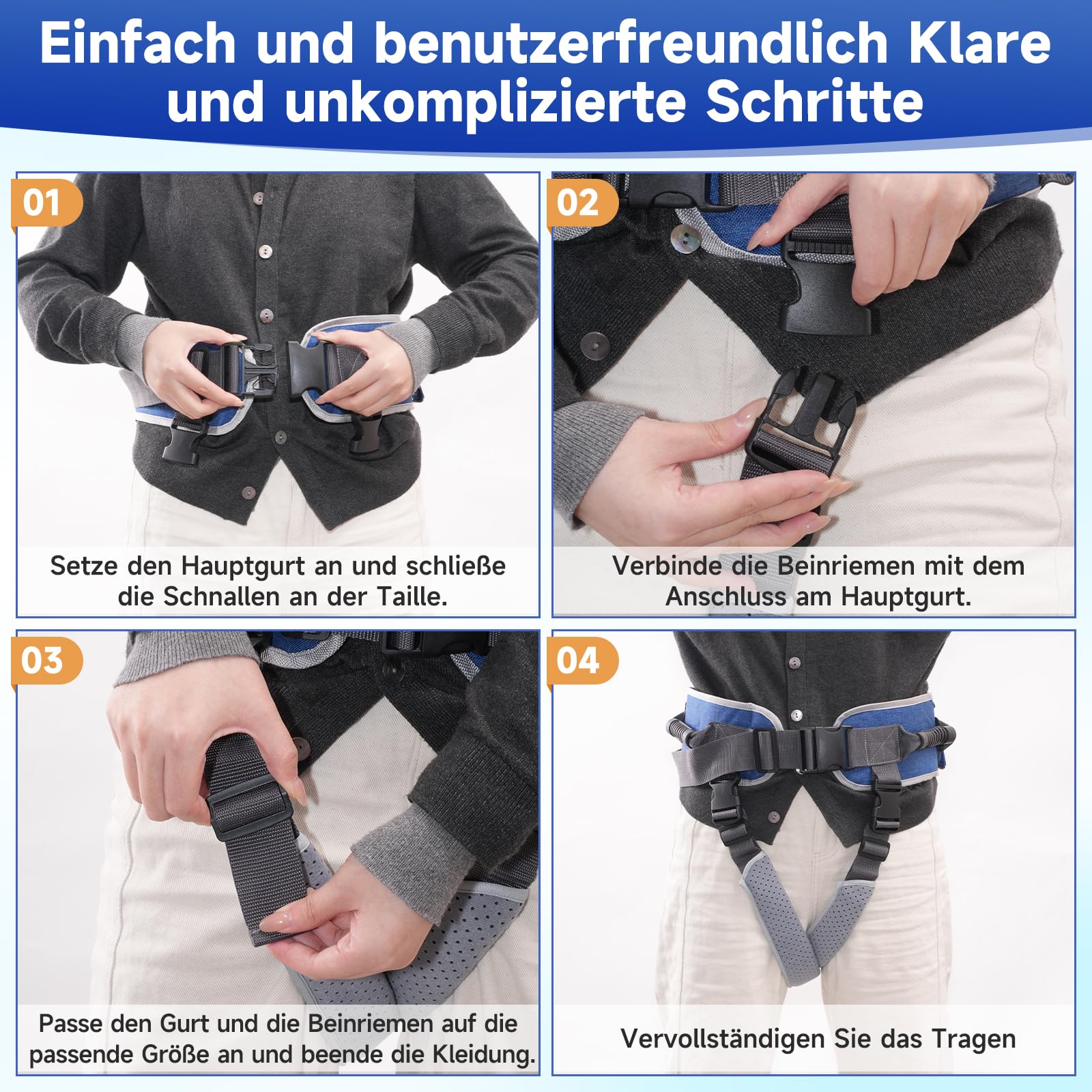 Transfergürtel Ganggürtel Transfergalgengurt für Senioren mit 7 Griffen und abnehmbaren Beingurten, Gelähmte Personen Körper Hebehilfen (L-Blaugrau)