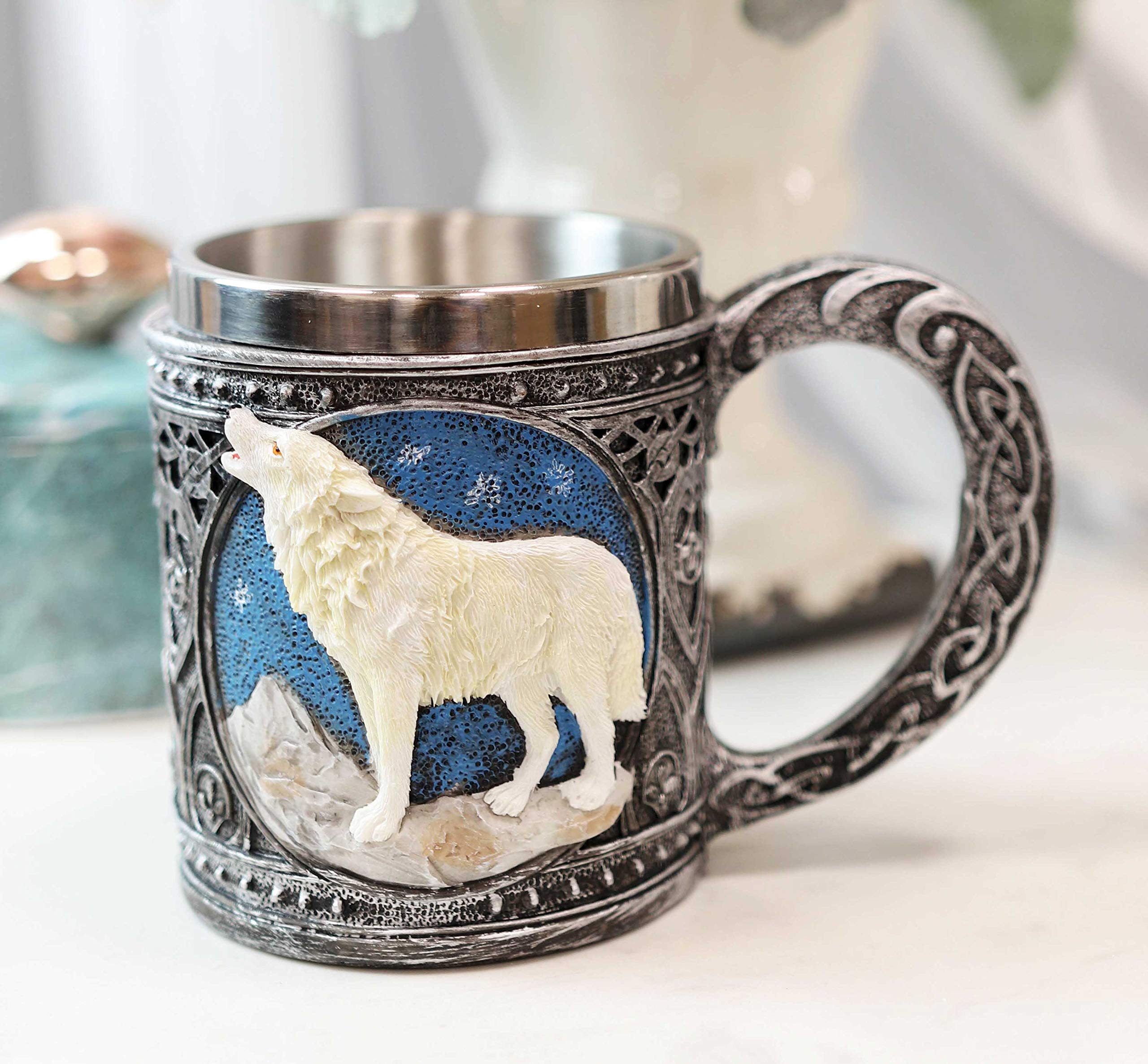 Ebros Gift Celtic Magic Knotwork Direwolf White Snow Wolf Howling By Mountain Starry Night Sky Beverage Drinkware Serveware With Stainless Steel Cup Liner Figurine (Wine Goblet And Coffee Mug Set)