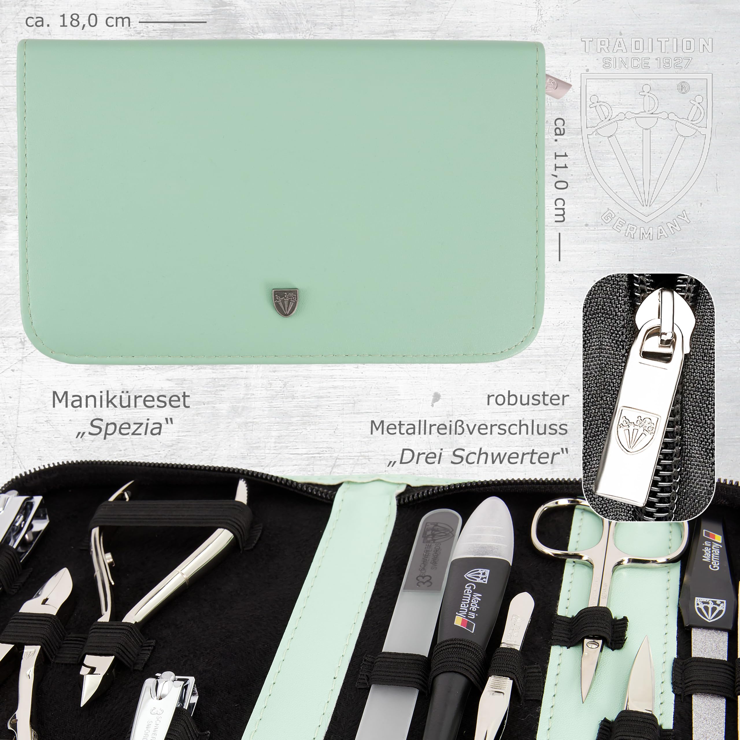 DREI SCHWERTER - Germany 10-częściowy zestaw do manicure 'Spezia' | etui na paznokcie ze sztucznej skóry miętowej | zawartość: nożyczki do paznokci, nożyczki do skóry, szczypce do paznokci, pęseta,