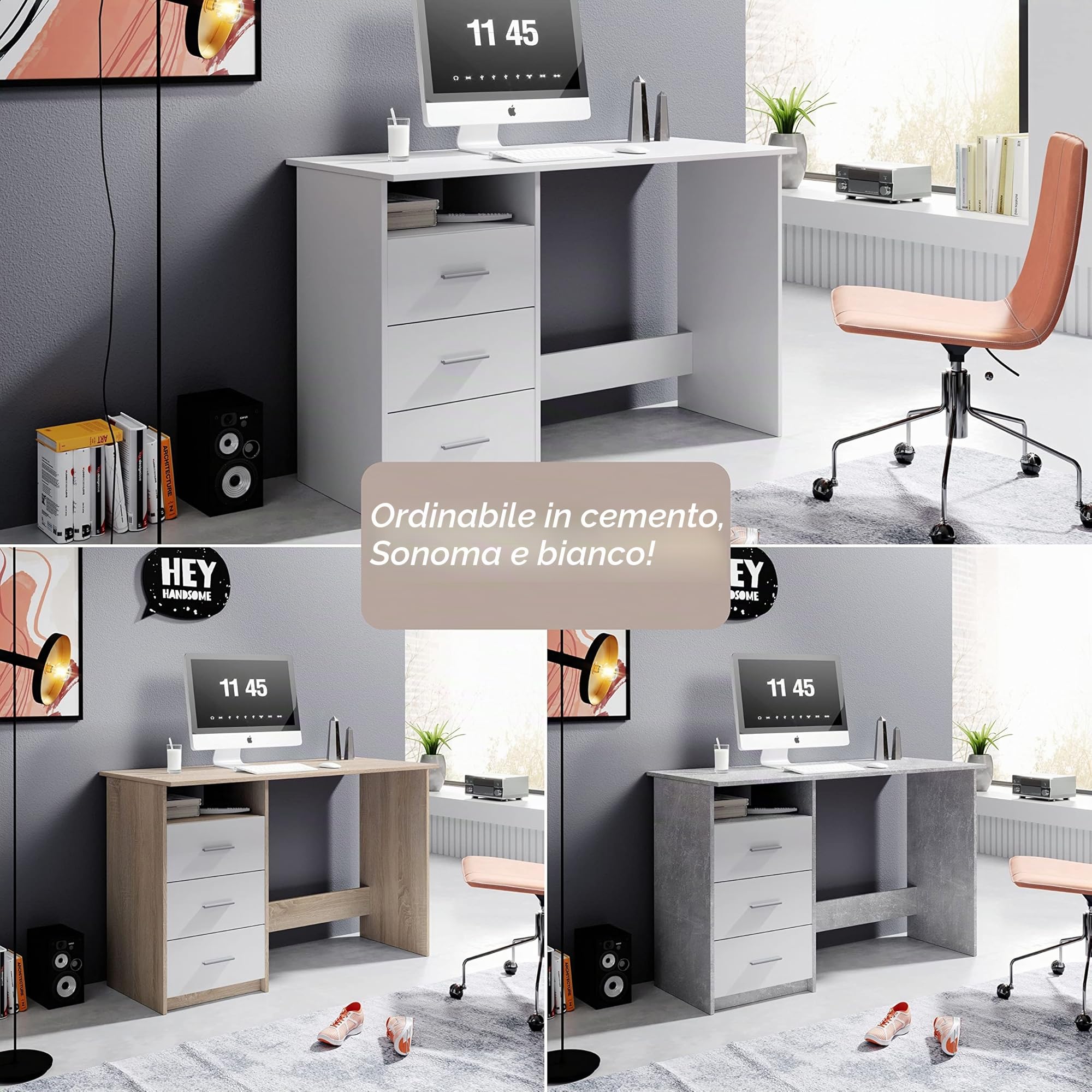 Stella Trading ADRIA, Scrivania con cassetti, finitura simil rovere Sonoma, bianco, pratica scrivania da ufficio con ampia superficie di lavoro, 120 x 76 x 50 cm (L x A x P)