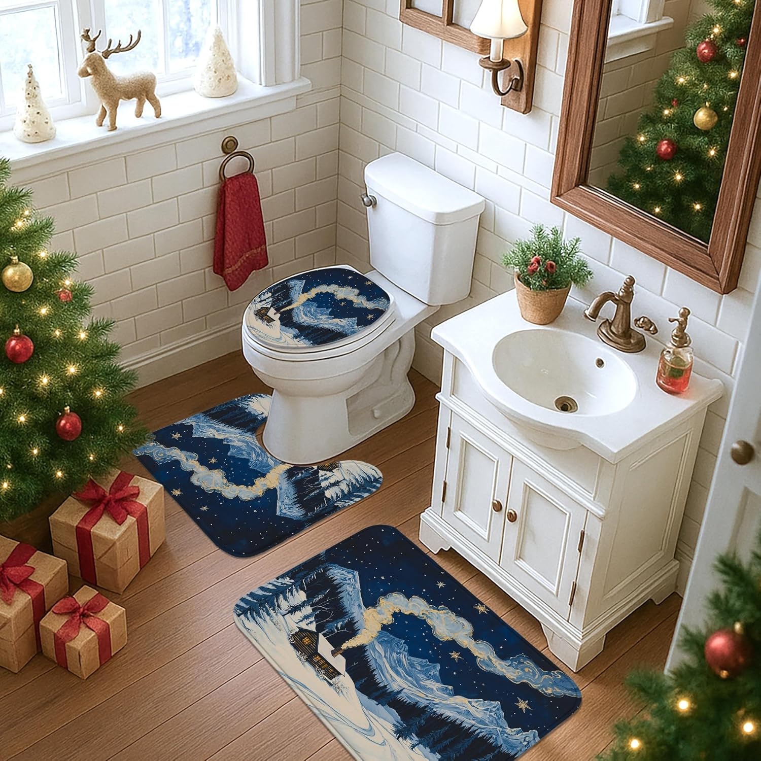 4PCS Winter Farmhouse Christmas Bathroom Sets with Non-Slip Rug, U Shape Toilet Lid Cover Mat, Woodland Lodge Cabin Xmas Scenic Bathroom Decoration 72''x72''