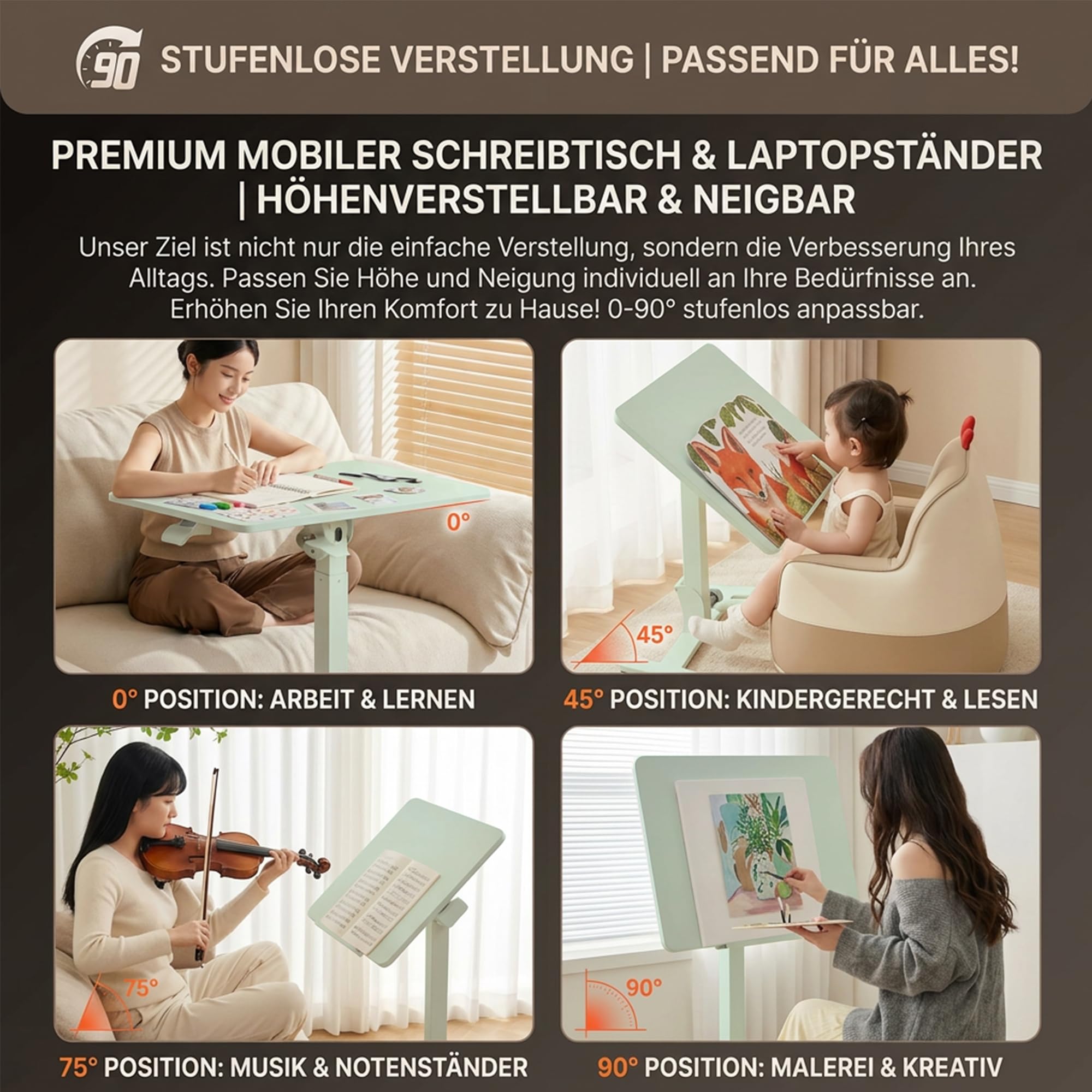 MUSSO AnyDesk D7 Tavolino da Letto per PC Portatile, Scrivania Mobile Regolabile in Altezza (75-108cm), Pupitre Pieghevole Inclinabile 0-90°, Supporto Ergonomico per Telelavoro, Divano & Letto (Verde