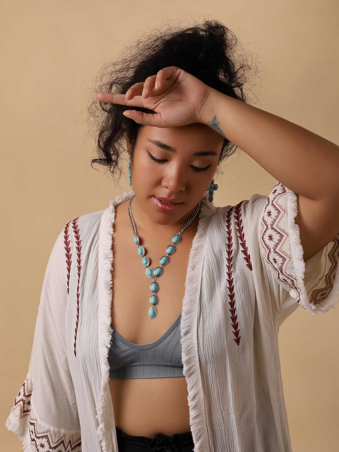 MINACHI Bohemian Created Turquoise Necklace, Silver Plated Chain Created Turquoise Y Necklace, Boho Jewelry Gift for Women - Image 6