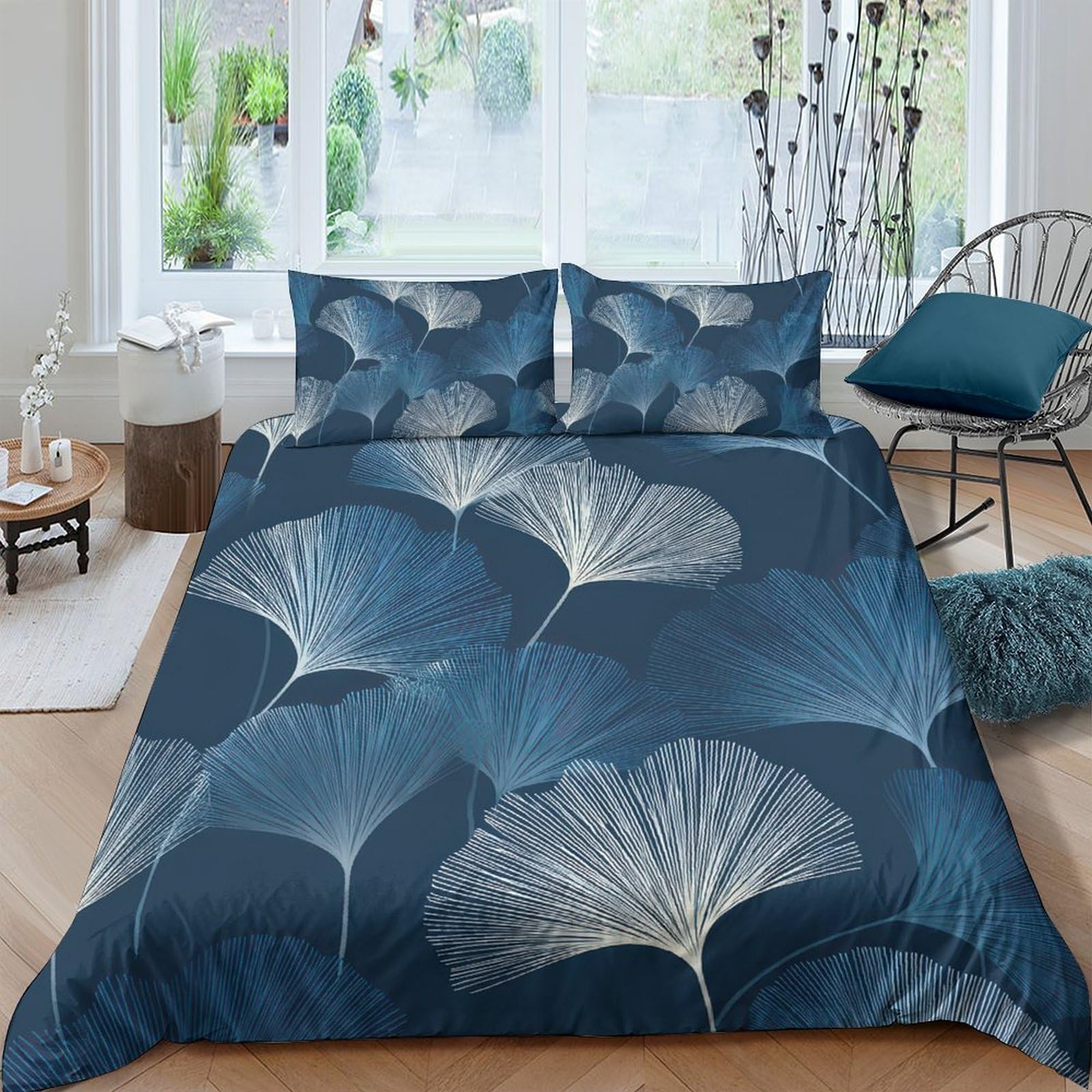 Ctjqhvkz Style-4 3D Printed Ginkgo Leaf Fitted Sheet Microfiber Soft Blue Artistic Bed Cover For Bedroom Guest Room Decor Protection Single（135X200cm）