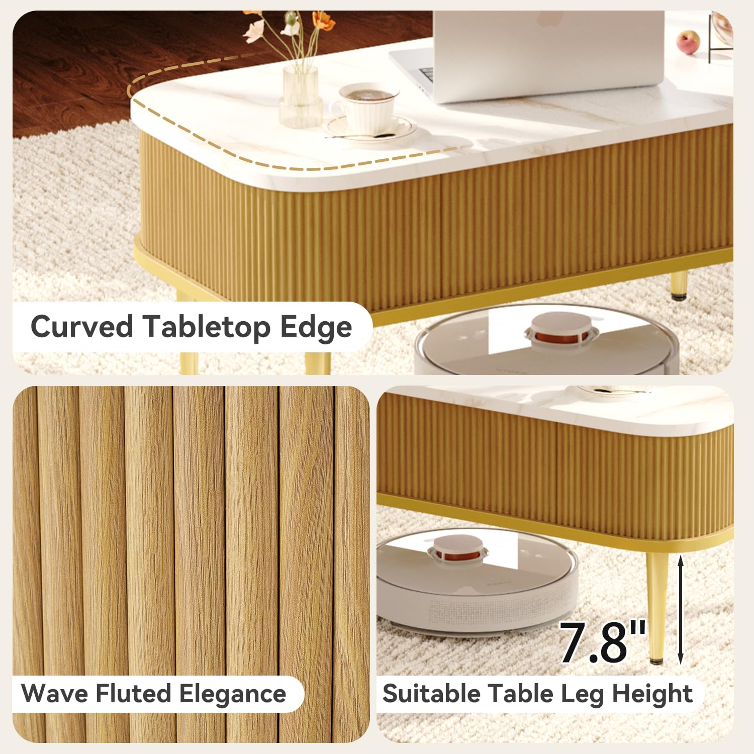 Lift Top Coffee Table for Living Room, Modern Oak Fluted Coffee Table with Hidden Storage, Rectangle Center Table with Faux Marble Flip-Top, Small Dining Table for Home, Office, Natural