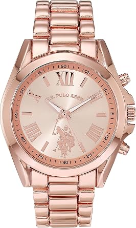 U.S. Polo Assn. Womens Rose Gold Chronograph-Style Watch Polished Finish with Roman Numerals, Durable Metal Bracelet, and Quartz Movement for Stylish Everyday Wear