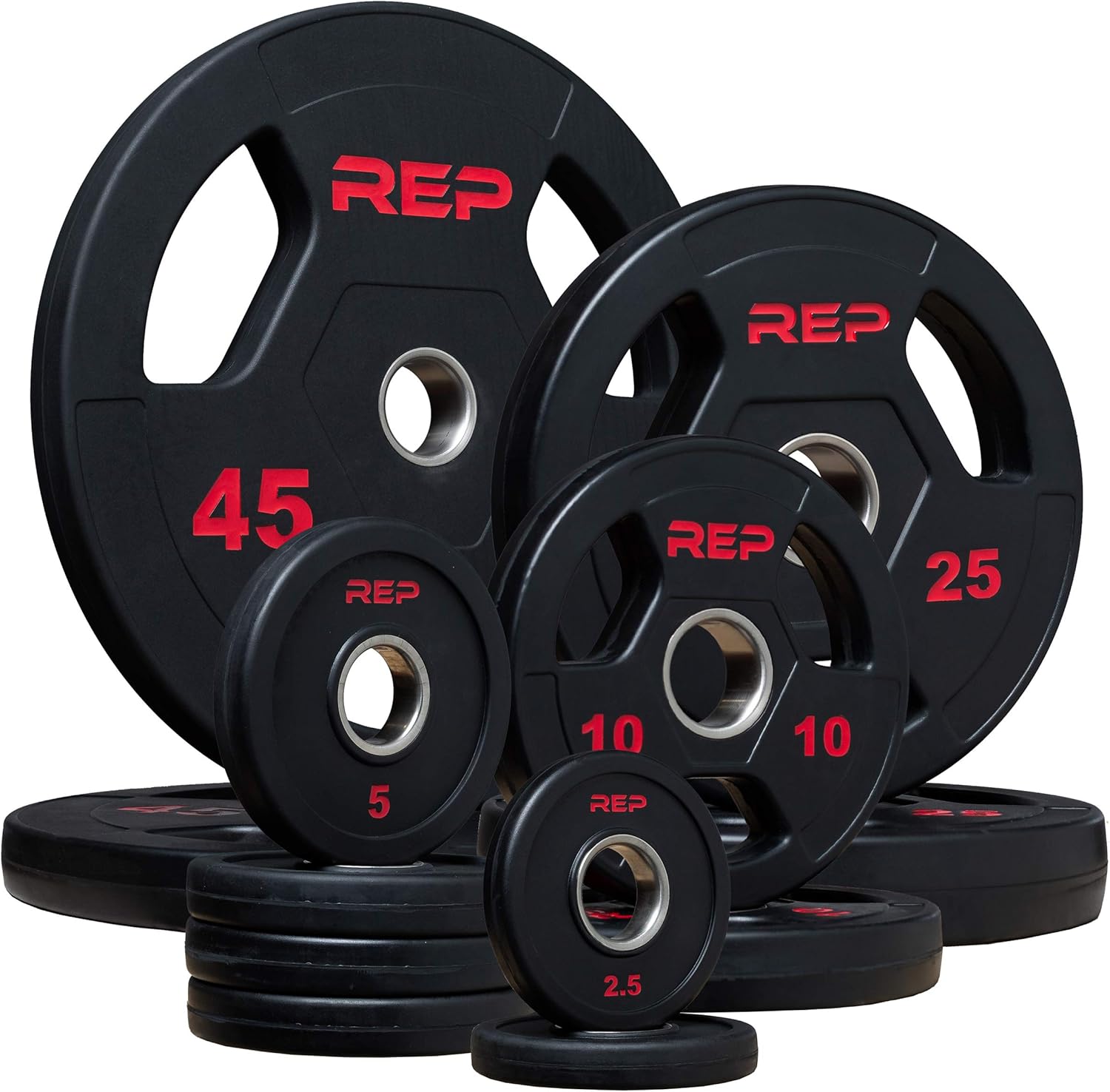REP Fitness Rubber Coated Olympic Plates, Updated Design - Tri-Grip Olympic Barbell Weights – Sold in Pairs and Sets…