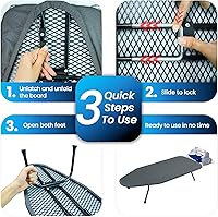 Vista 7 de Tabla de planchar de mesa con panel de malla metálica, tabla de hierro plegable, tabla de hierro pequeña resistente con cubierta resistente al calor