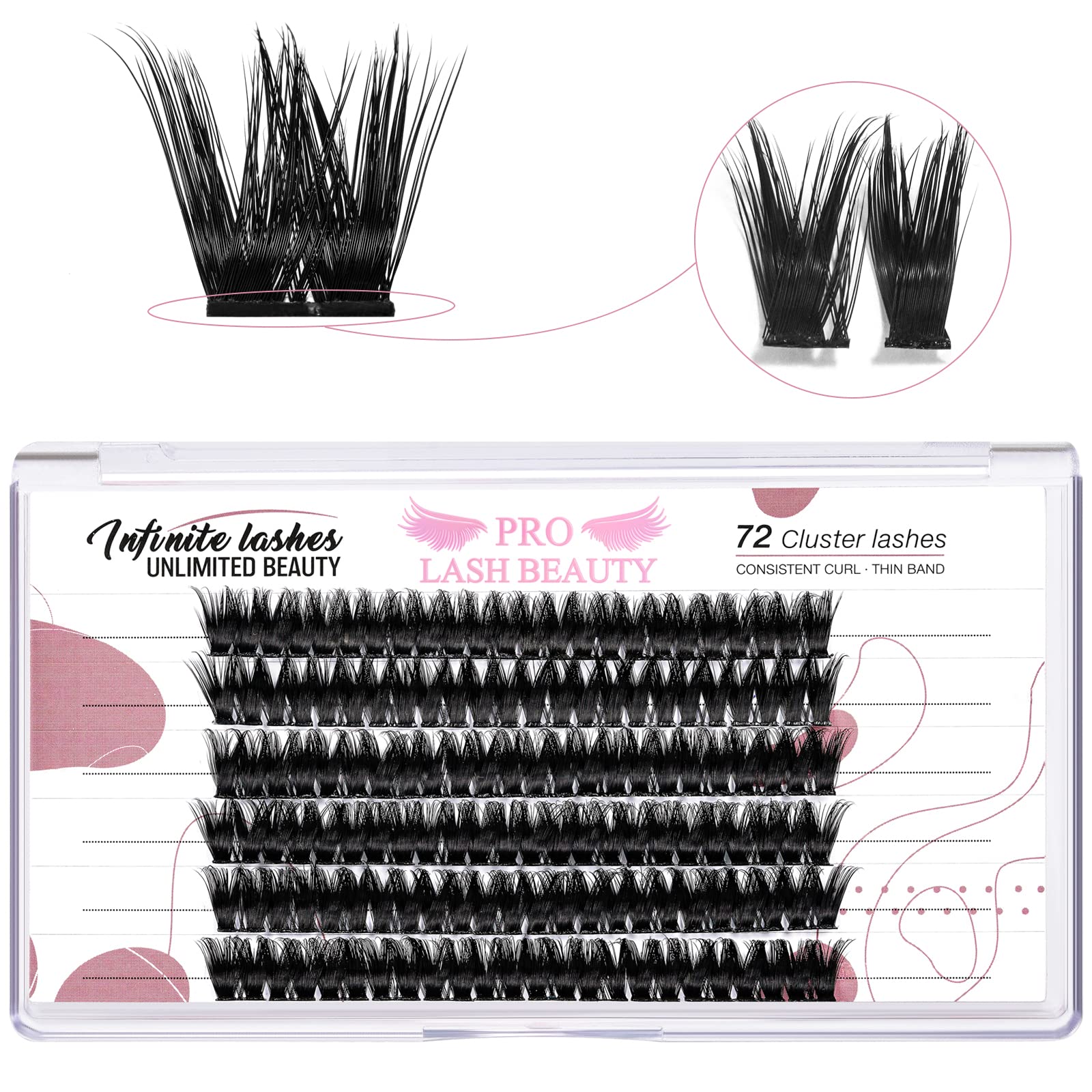 PRO LASHBEAUTY Cluster Lashes 72 Pcs Lash Clusters DIY Eyelash Extension Individual Cluster Eyelashes Blush Style Self-Application Fluffy Super Thin Band Reusable Soft & Comfortable(Blush-D-16mm)