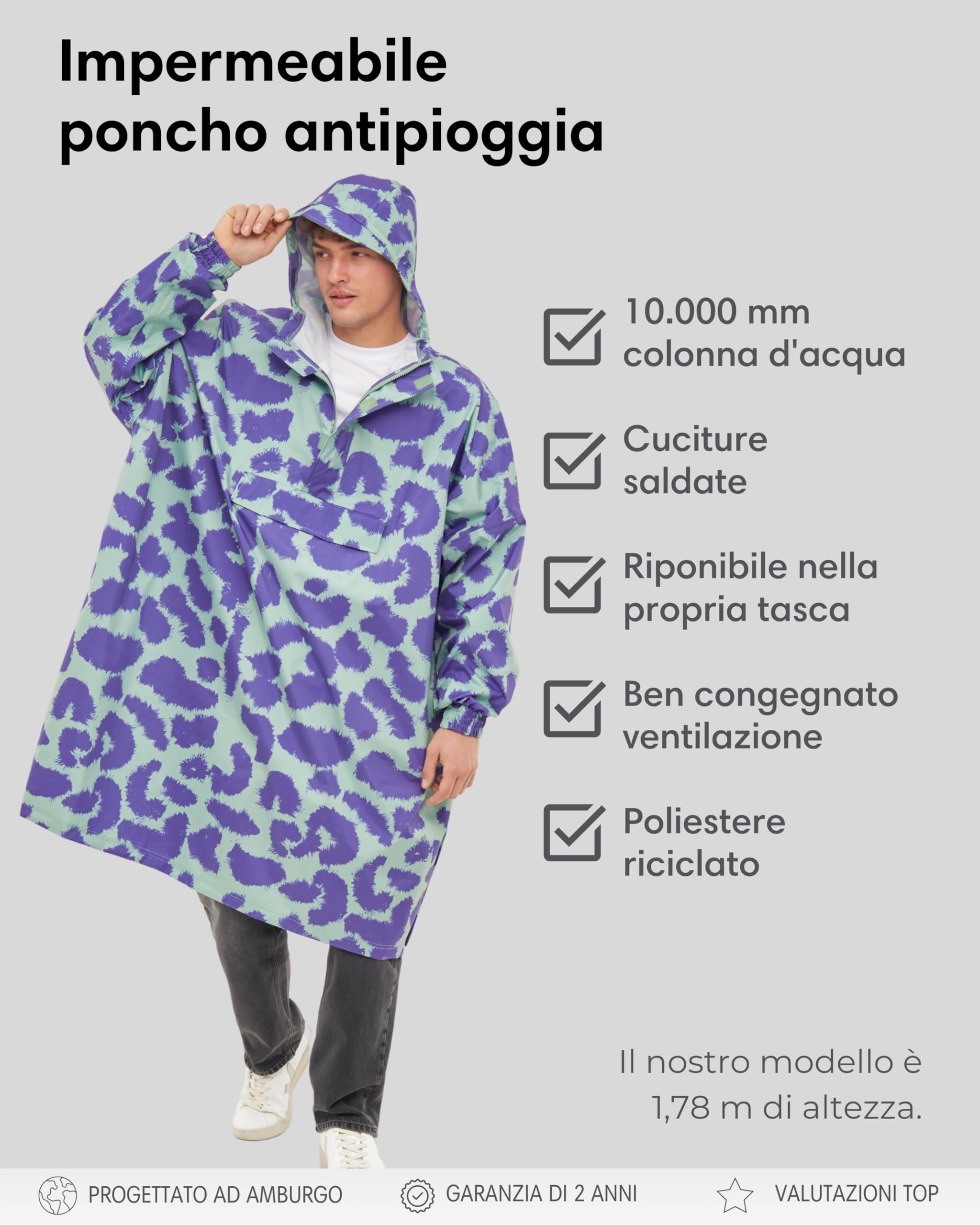 LARKSON Poncho Antipioggia Donna Uomo - Lykke - Impermeabile Pioggia per Bicicletta Outdoor Festival - Colonna d'Acqua da 10000mm - Giacca Antipioggia con Cuciture Nastrate