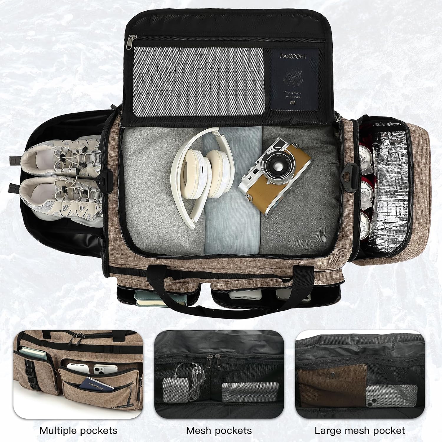 3 in 1 Travel Duffle Bag Backpack for Men Women 50L Gym Bag & Sports Duffel Bag with Shoe Compartment & Wet Pocket Weekender Overnight Bag for Traveling Fitness Workout Camping, Coffee