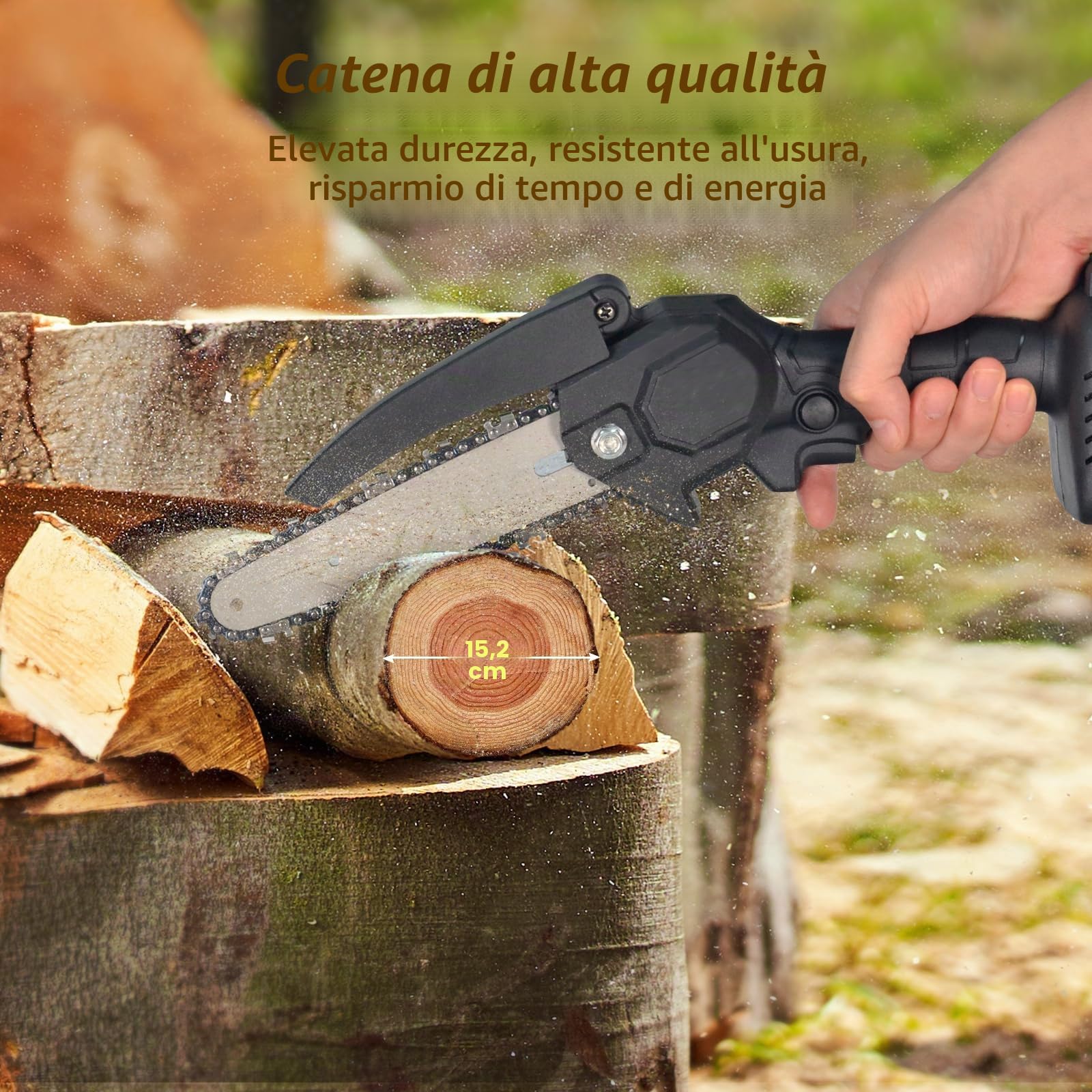 AIOMEST Mini Motosega da 6 Pollici con 8000mAh Batteria, Sega da Potatura con 2 Batterie Ricaricabili e 2 Catene, Motosega Elettrica a Batteria per Giardini Cesoie Taglio Legno