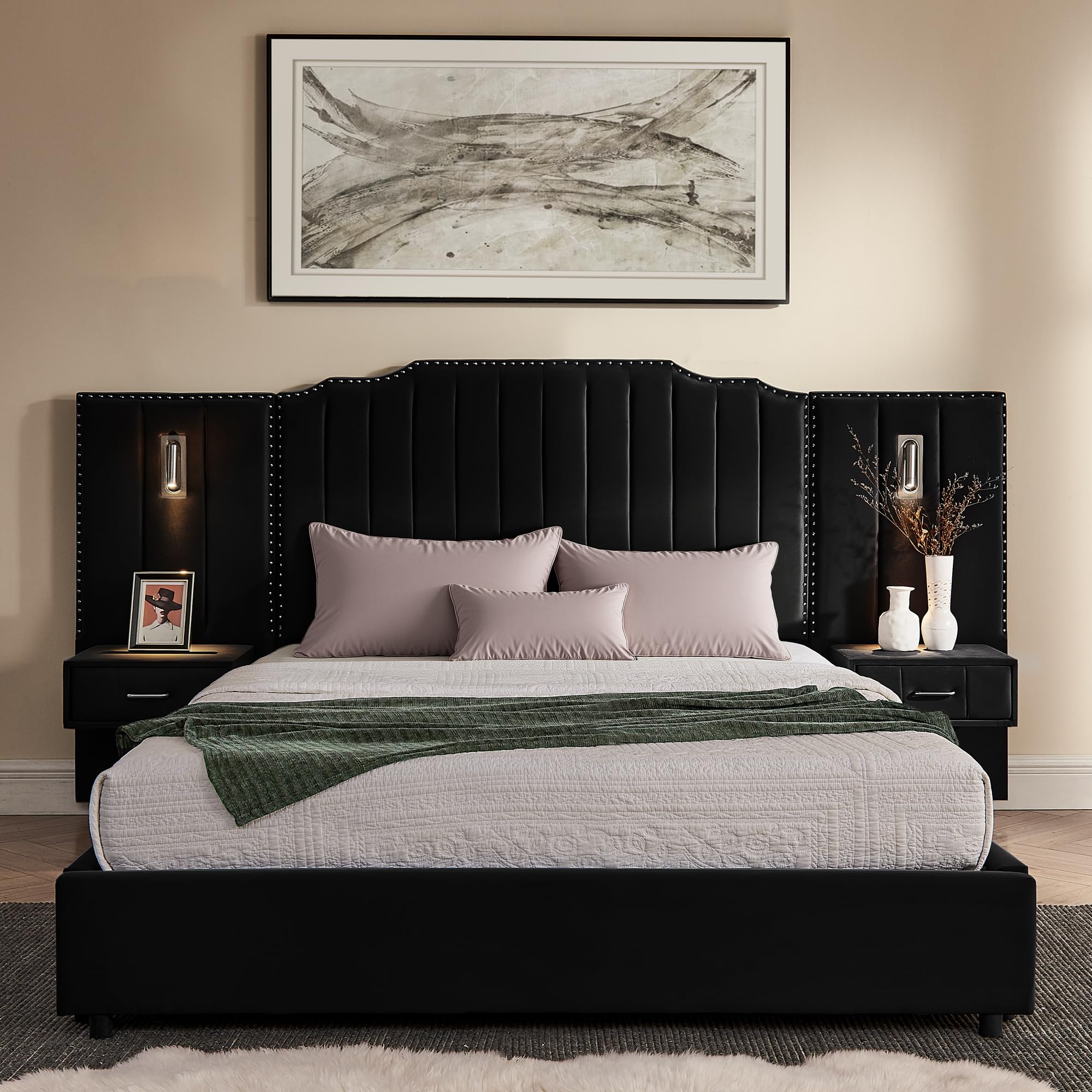 Queen Size Velvet Platform Bed with LED Lights and Nightstands, Black