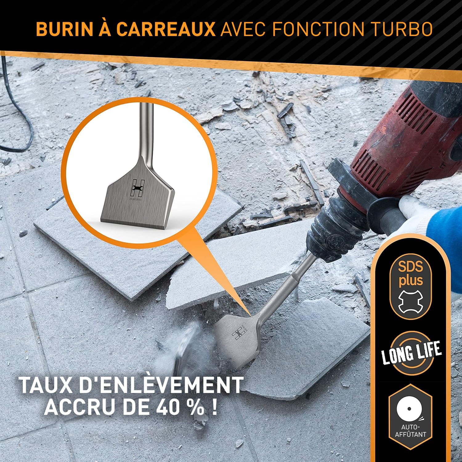 HARDTWERK Burin de carrelage Turbo SDS Plus - 165 x 75 mm - Burin plat large pour enlever le carrelage et la colle de carrelage - Pour perforateur - Burin large