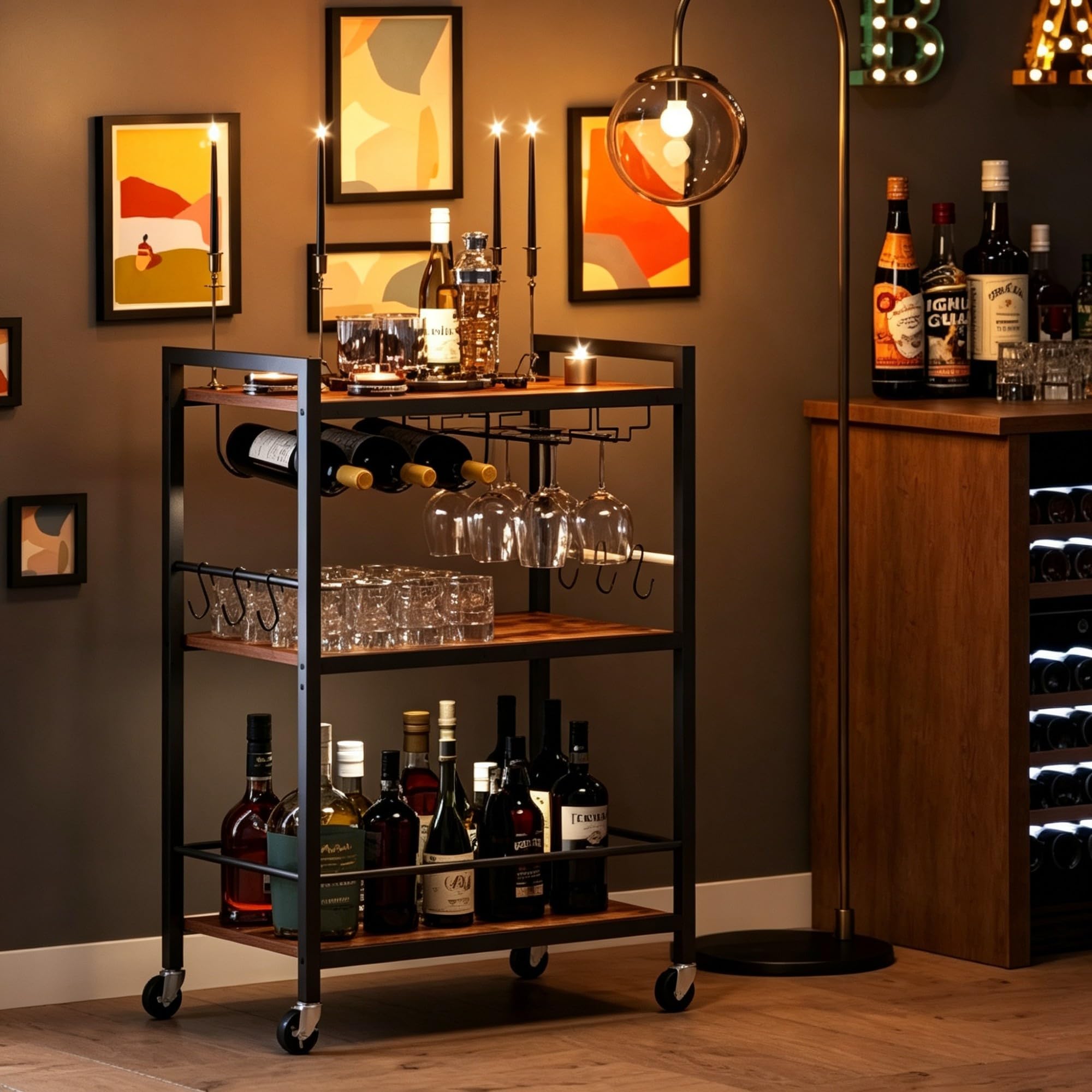 Carrello Cucina con Ruote e Portabottiglie, 3 Ripiani, Carrello Servizio