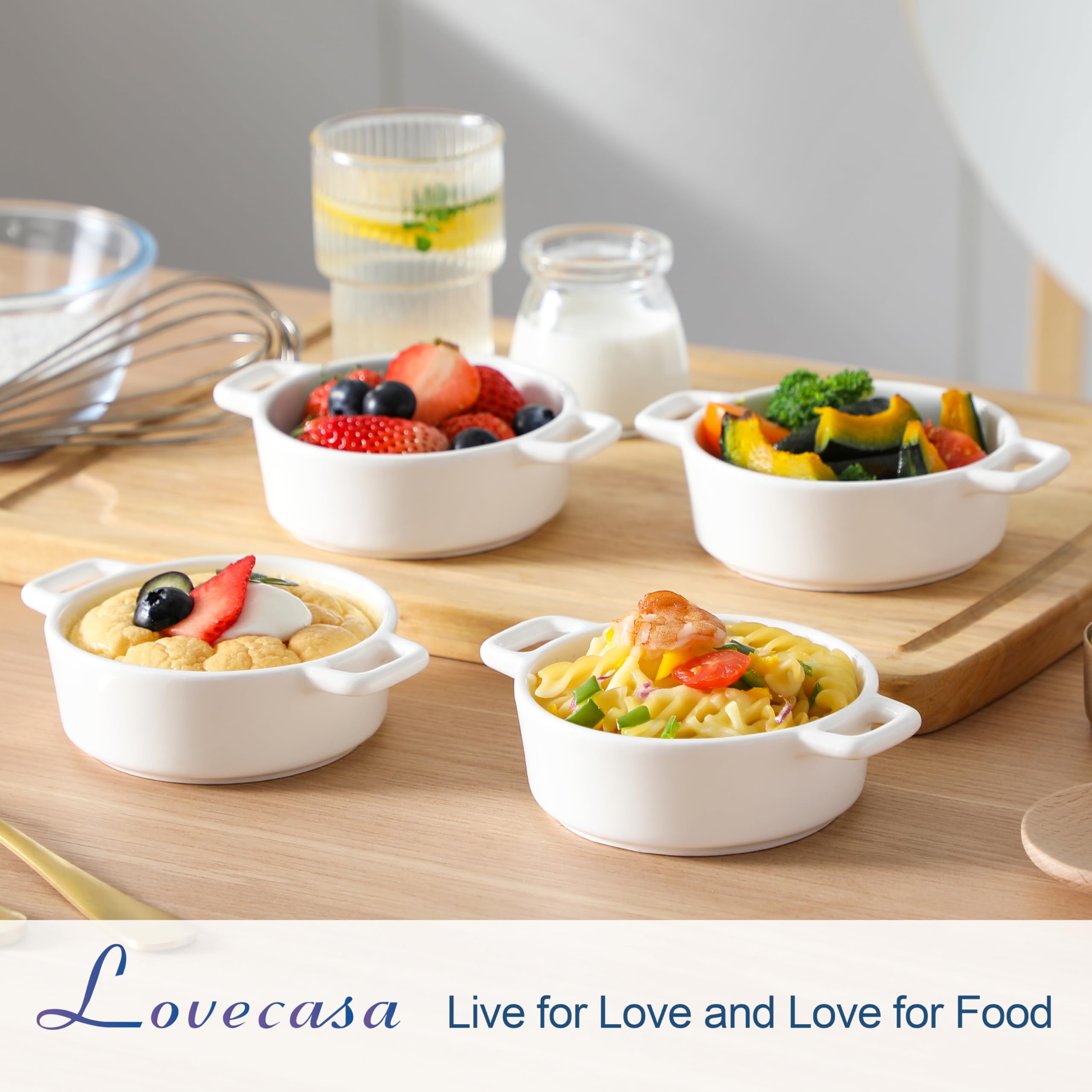 LOVECASA, 200ml Ramequin Dish Moule à Soufflé, Sets de Pâtisserie en Porcelaine 6 Pièces pour Brûlée, Quiché, Tarte, Pasta-14,5cm, Rond