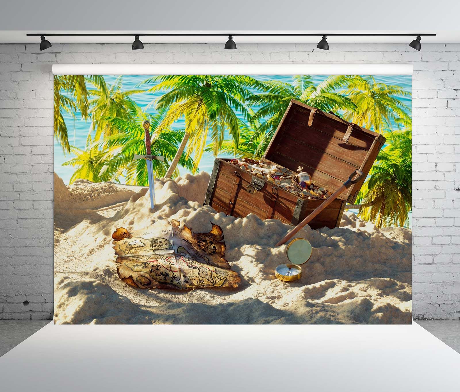 BELECO 4.6x2.5m Telo sfondo tema pirata | Vecchia mappa pirata scrigno tesoro spada bussola spiaggia tropicale palme sfondo halloween accessori foto