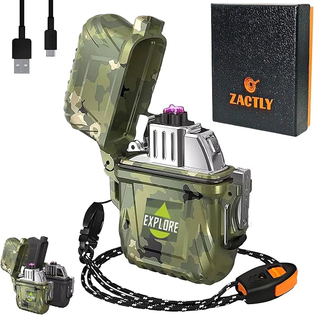 Zactly MODEL AL04 Electric Dual Arc USB Lighter Multifunction Waterproof Windproof Dustproof Rechargeable with Lanyard & Emergency Whistle, Kitchen, Camping & Outdoor Survival Tool (CAMOUFLAGE)