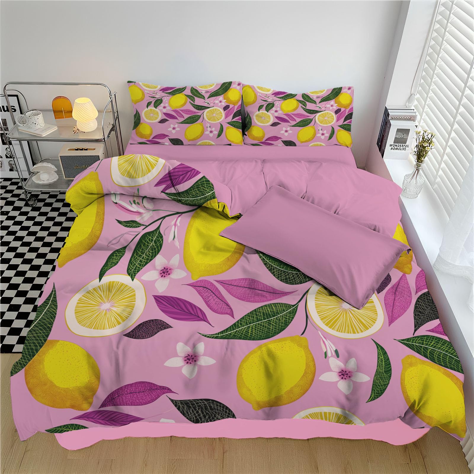 Housse de Couette 240x260cm avec motifs citrons et fleurs pour un lit de 2 personnes
