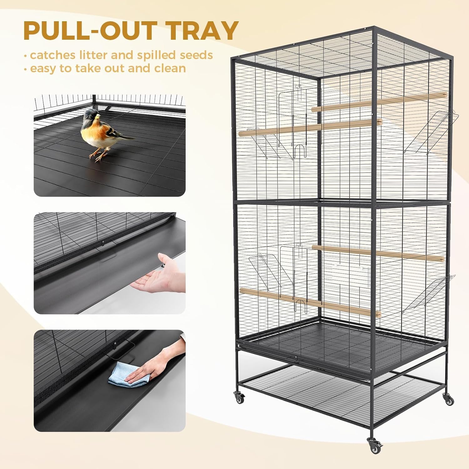 Extra Large Heavy Duty Metal Bird Cage with Rolling Stand – Spacious Flight Cage for Parakeets, Cockatiels, African Grey, Conures, Budgies, Lovebirds, Pigeons – Removable Tray, Flat Top,