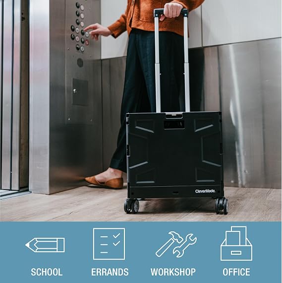 CleverMade Collapsible Crate on Wheels with Handle (35L, 4-Wheel) Collapsible Rolling Cart with Lid, Foldable Utility Cart for Teachers, Groceries, Travel, Office Storage Holds 75 lbs, Cool Gray