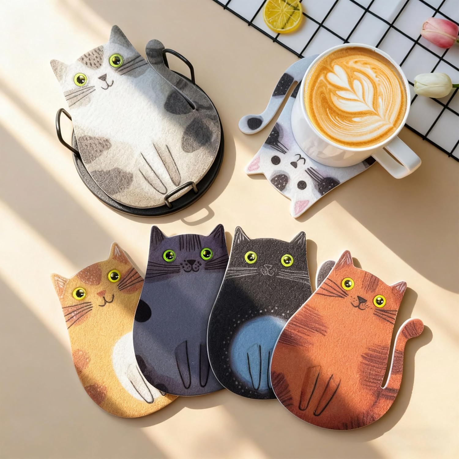 Cartoon Cat Coasters 6-Pack, Super Cute Absorbent Felt Coasters for Drinks, Non-Slip Scratch Protection for Wood Tables, Washable Rugged Coaster Set with Holder, Fun Gift for Cat Lovers (6PC) - Image 4