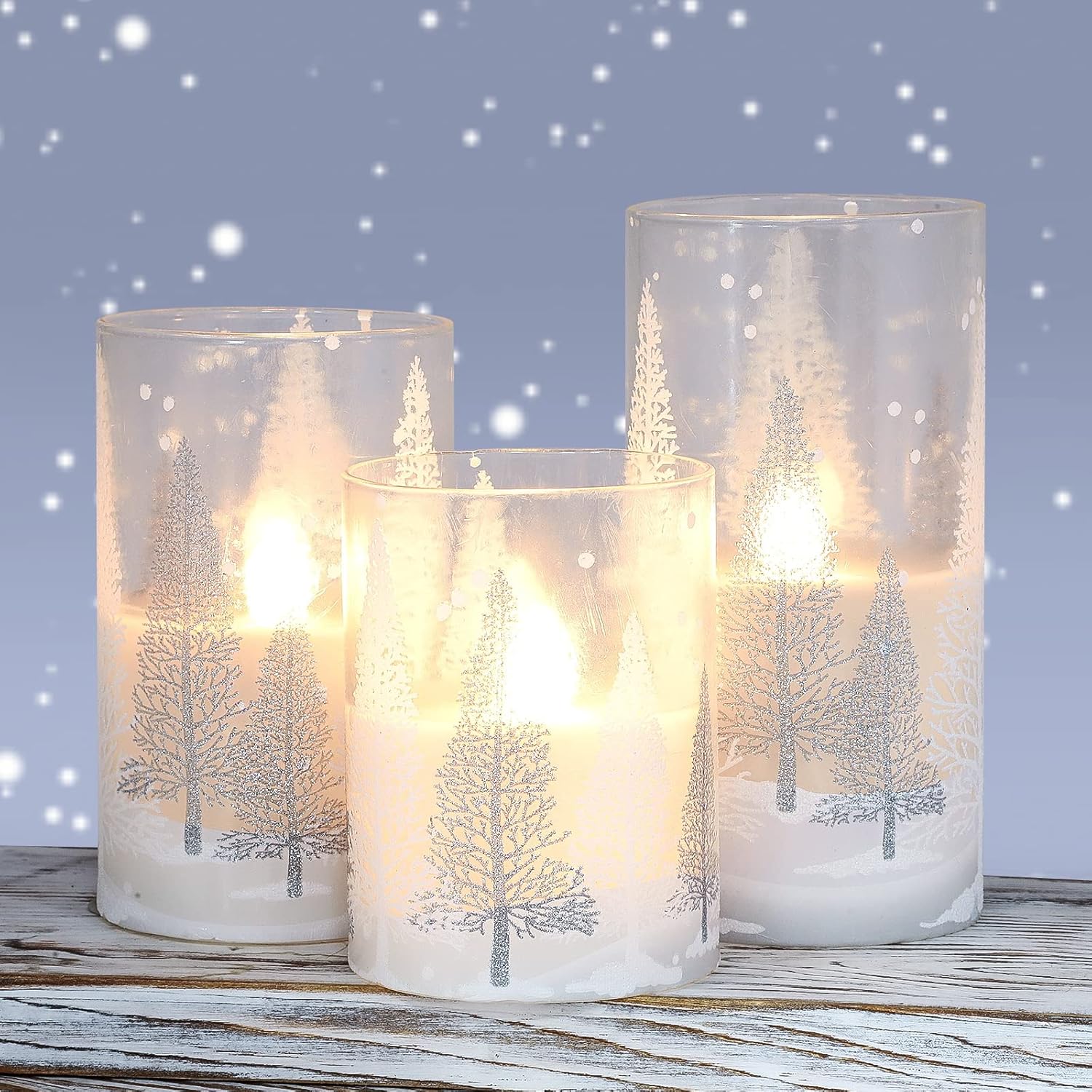Christmas Flameless Candles with Timer, Holiday Led Glass Candles, Flickering Battery Operated Pillar Candles for Christmas Home Decorations