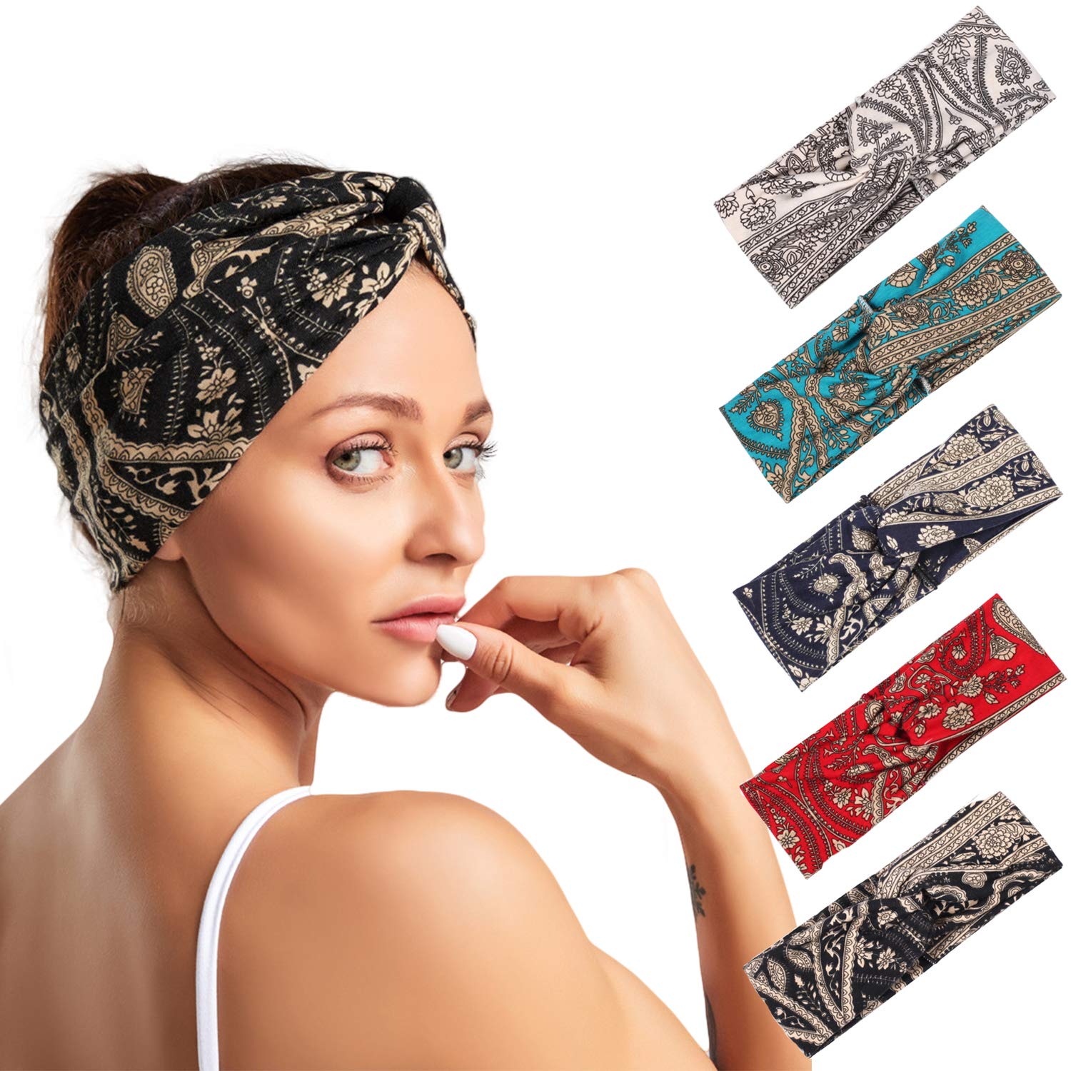 DINPREY Women's Bandana Print Head bands Wide Bandana Headwraps Twist Turban Knot Sweatbands Boho Headbands Sports Head Scarfs Yoga Hair Band (5 Pack