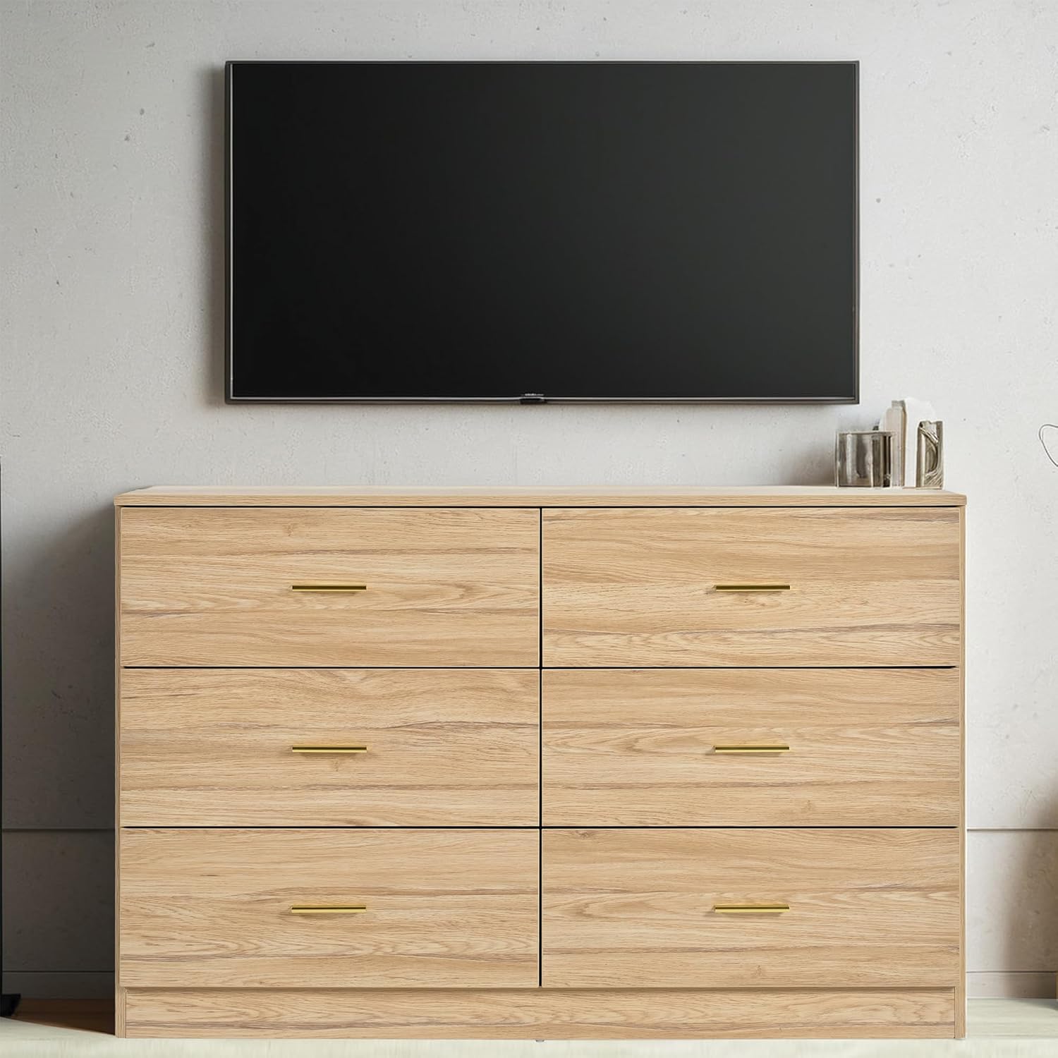 Vibe & Dine 6 Drawer Dresser, Wooden Dresser for Bedroom with Gold Handles, Modern Wide Chest of Drawers with Sturdy Frame for Living Room