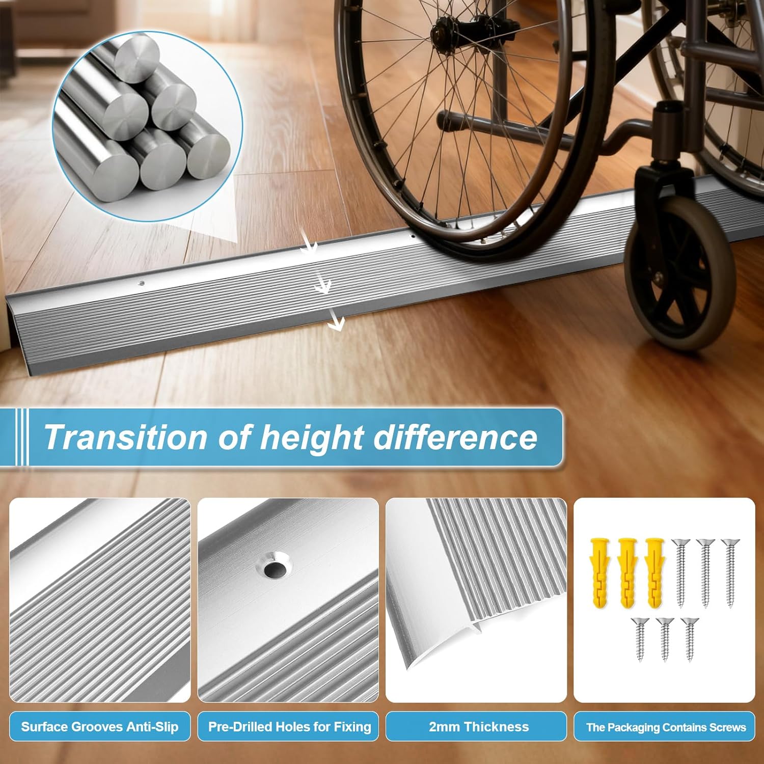 Raytano 2Pack 36in Aluminum Floor Transition Strip for Threshold Height 0.4-1.6", Metal Reducer Moulding Door Threshold for Tile Wood Carpet Laminate Vinyl Flooring, Size 36"×4"×0.35"(Silver,2pcs)