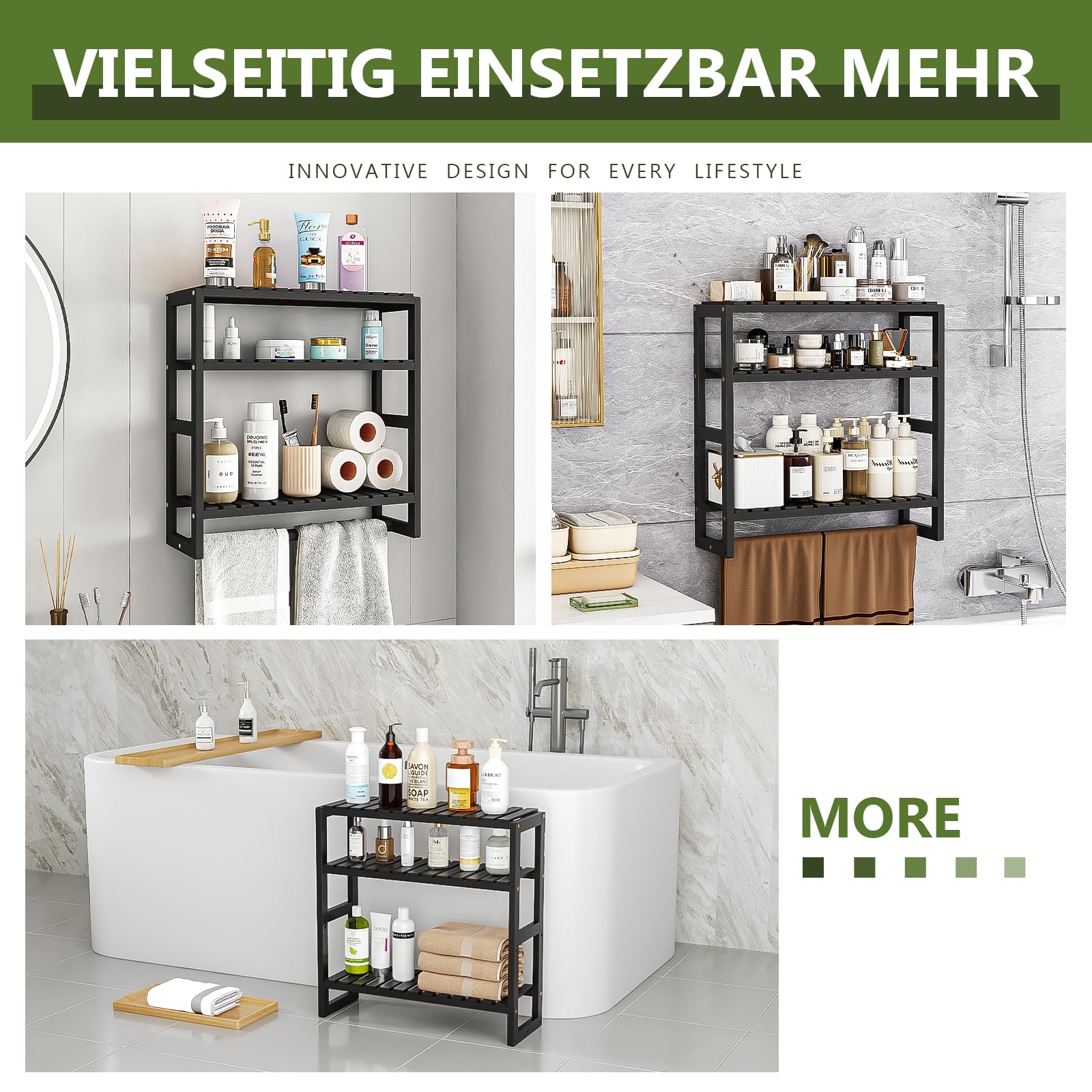 Bamworld Badezimmer Regal Badmöbel Bambus 3 Etagen Organizer Badezimmermöbel Für die Wand Platzsparend Modern （Schwarz）（42x15x42cm）