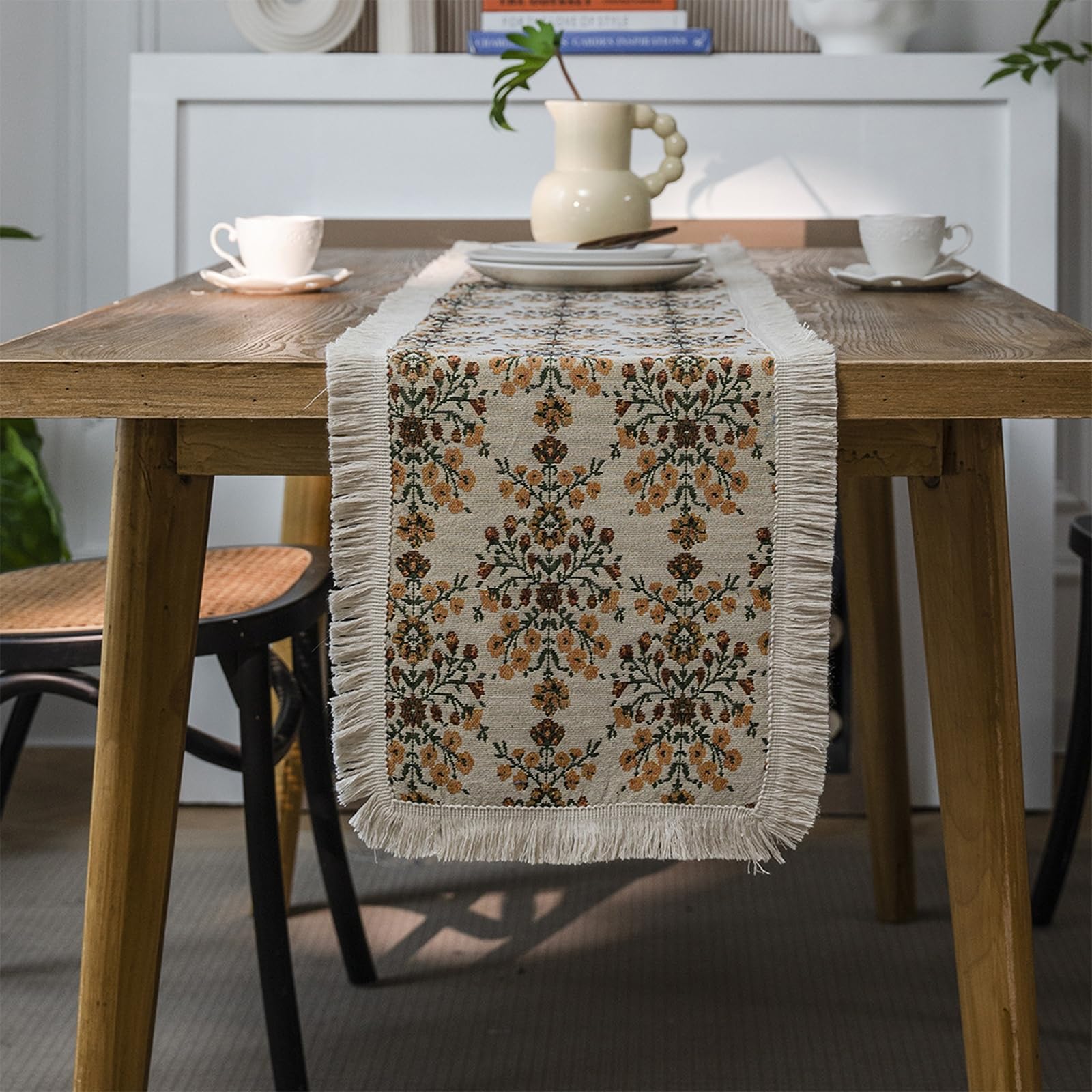 Beige Gelb Tischläufer Baumwolle Leinen, Esstisch Tischläufer Abwaschbar Jacquard Pflaumenblüte Muster mit Quasten Tischdecke für Küche Esstisch Dekor, 30x220 cm, Beige Gelb