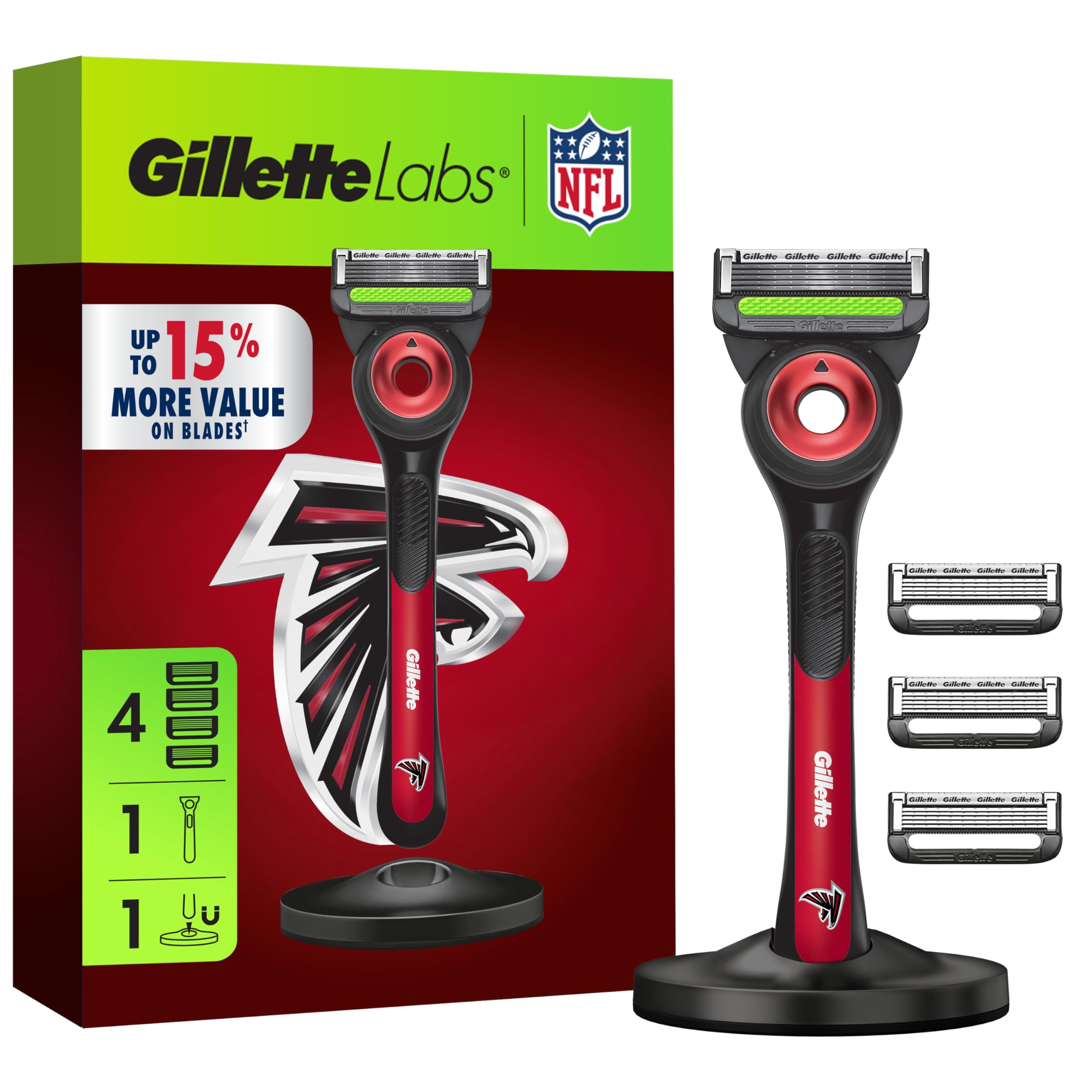 Gillette Labs Official Falcons Licensed Razor for Men, 1 Handle, 4 Blade Refills, with Magnetic Stand, Perfect for Game Day Grooming, Gillette Labs with Exfoliating Bar