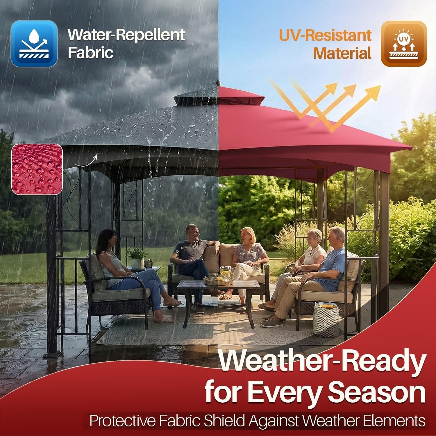 Flexzion Lowes Allen Roth 10x12 Gazebo Replacement Canopy Top - Fits GF-12S004B-1 & TPGAZ17-002, UPF 50 Plus Sun Protection & Water-Resistant Polyester Cover, Easy to Install Red Patio Sunshade Roof