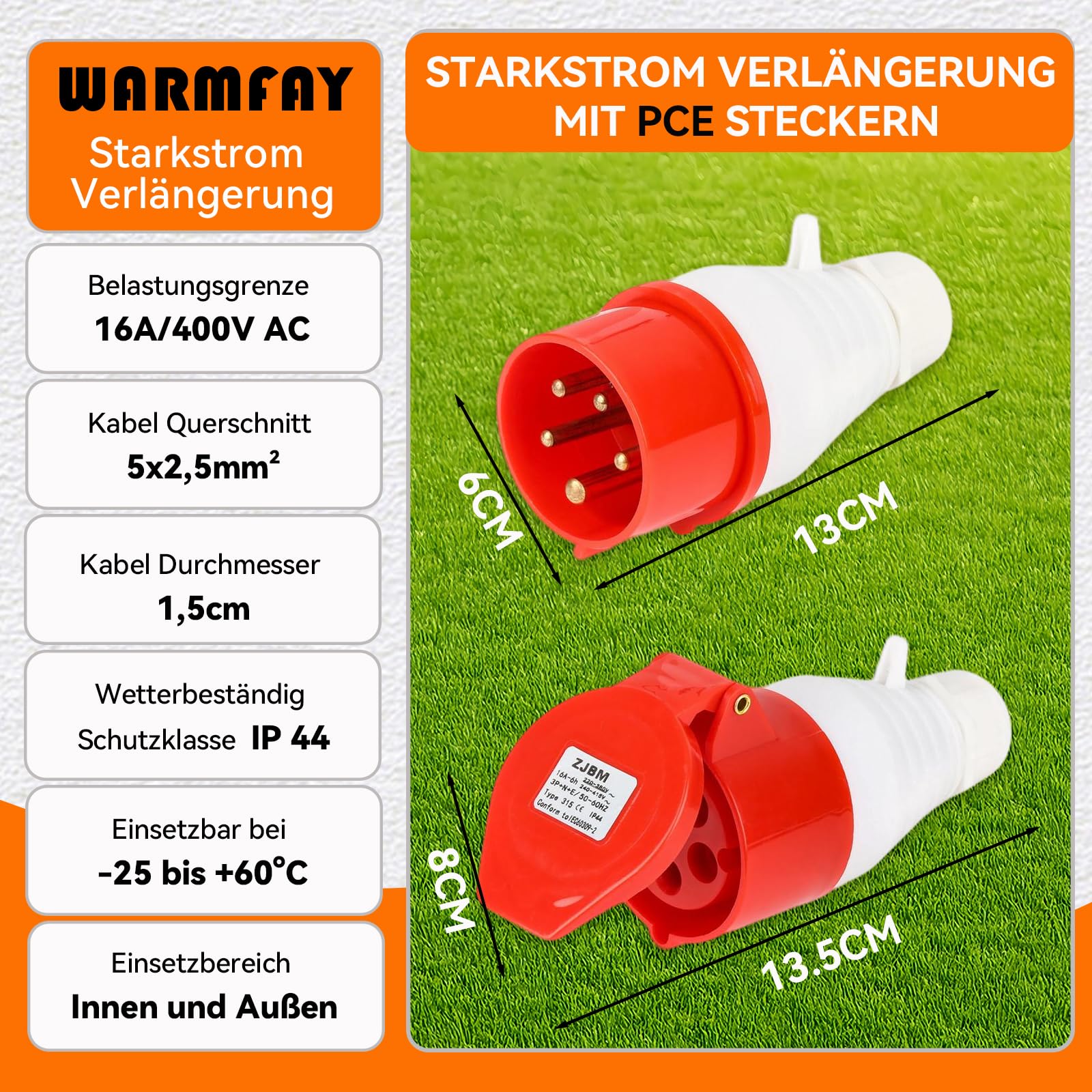 Warmfay CEE Verlängerungskabel 2m, 400V 16A Starkstromkabel Gummi, 5x2,5mm² Starkstromkabel CEE Verlängerung IP44 Außenbereich Baustelle Werkstatt Industrie