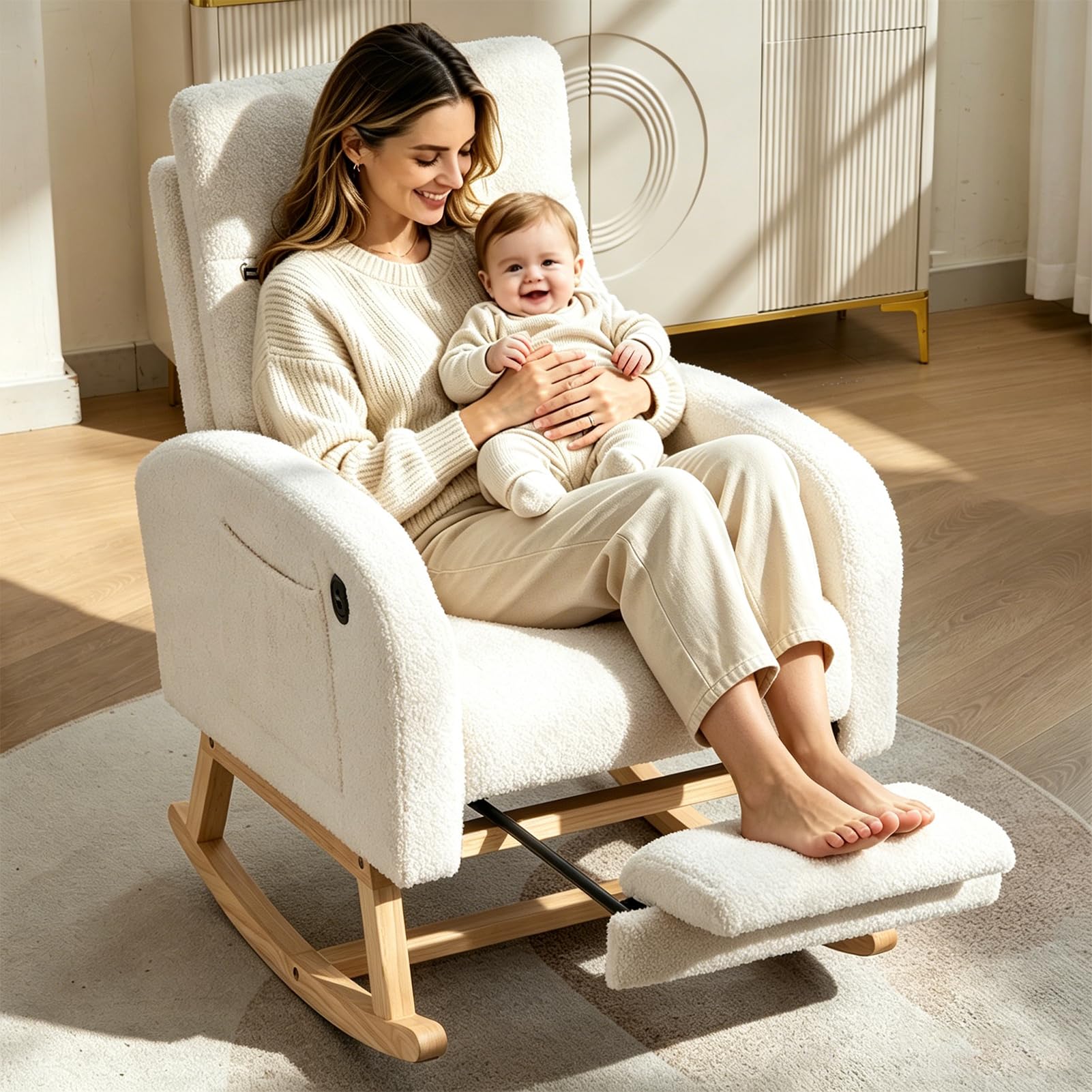 ARLO & LINN Rocking Chair with USB Charging Ports, Nursing Rocking Armchair, 66.5*121.5*102cm Boucle Fabric Glider Rocker with Adjustable Footrest, Side Pocket, for Nursery Bedroom Living Room White