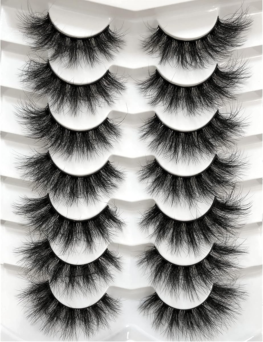 Pooplunch False Eyelashes Faux Mink Lashes Cat-Eye Look 18MM Wispy Long 8D Volume Fake Eyelash Strips 7 Pairs Pack