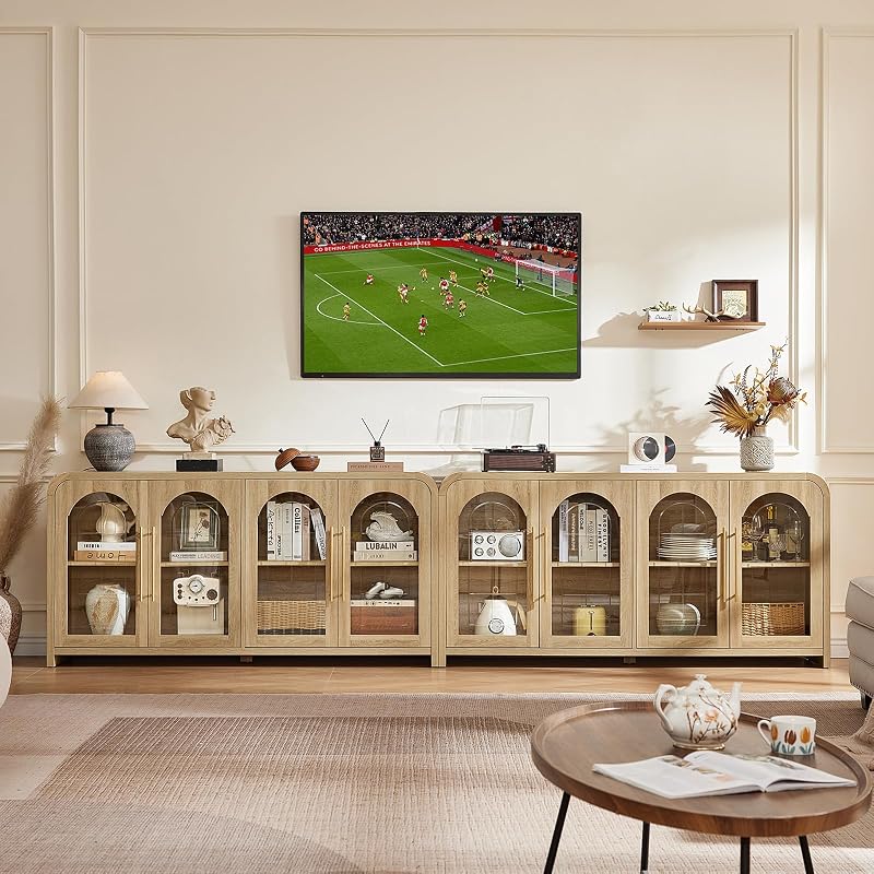 65" Sideboard Buffet Cabinet with Arched Glass Doors, Natural image 4