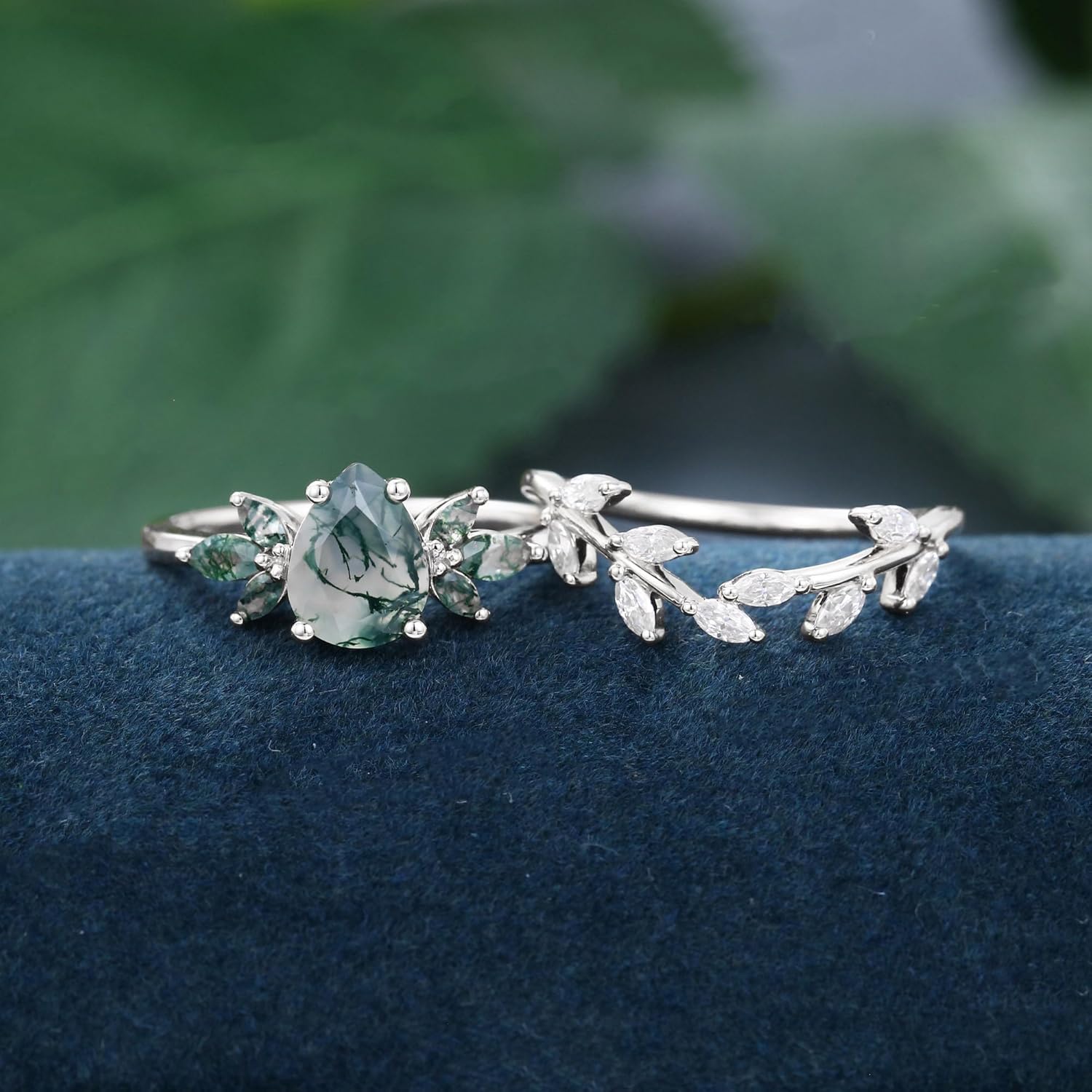 10K 14K 18K Rose Gold 2CT Natural Moss Agate Engagement Ring Set for Women 925 Sterling Silver Genuine Pear/Round/Hexagon Green Moss Agate Leaf Art Deco Bridal Wedding Ring Set (Size 4-15)