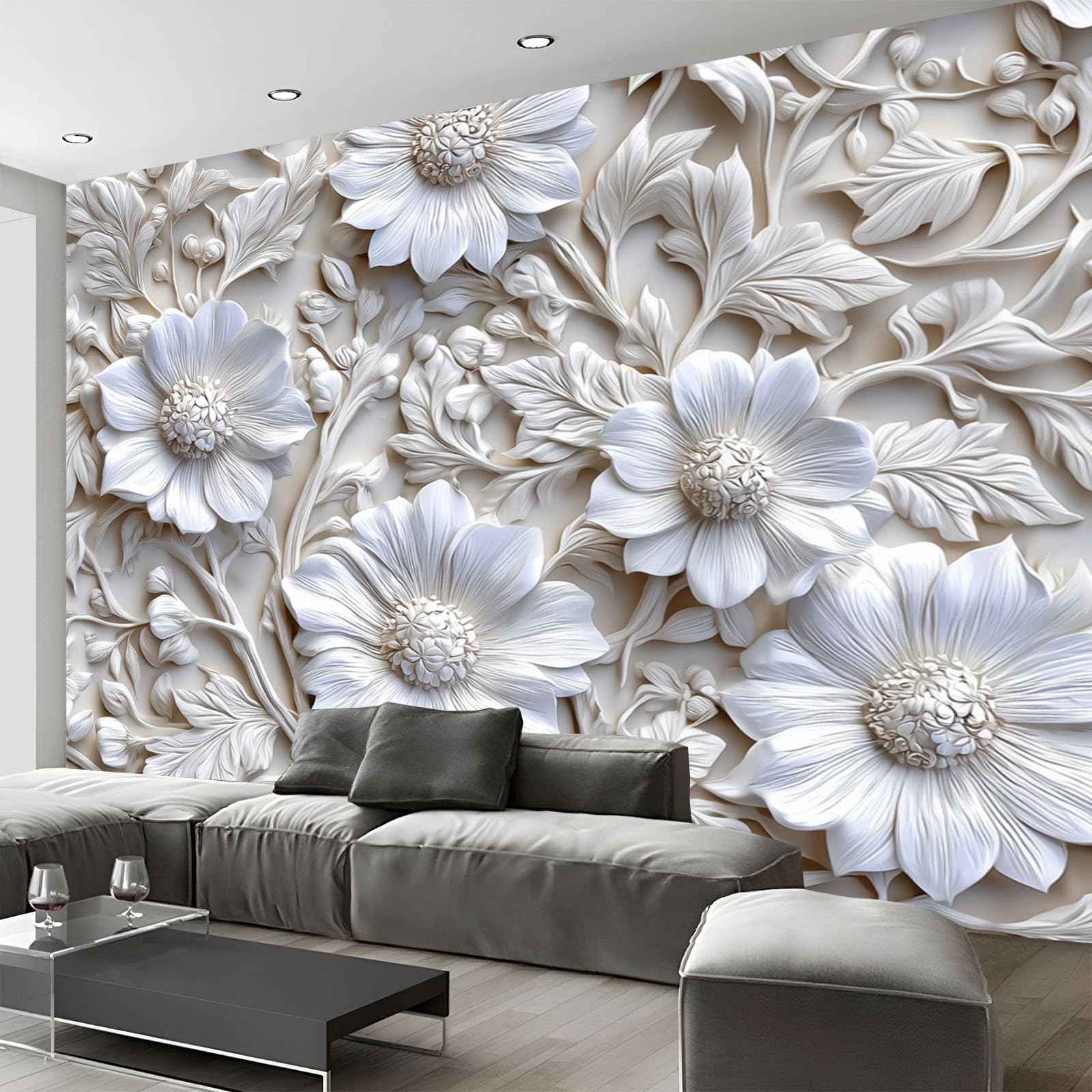 Fototapete Blumen Blätter 400×280cm(W×H) Fototapeten Vlies Tapeten Moderne Blumen Pflanzen Vliestapete Wandtapete Wohnzimmer Schlafzimmer