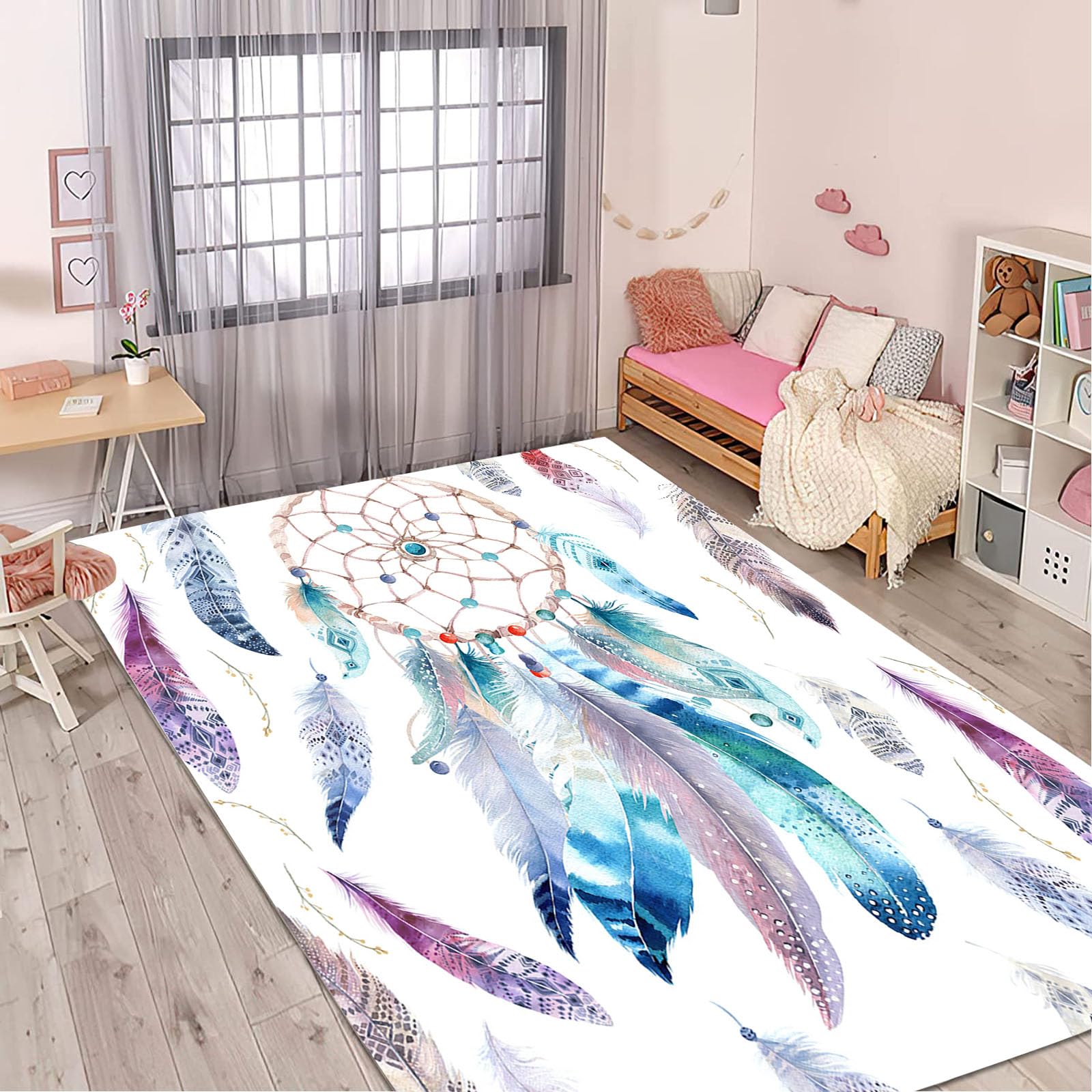 Traumfänger Teppich Wohnzimmer 160x230cm Bunt Federn Kinderteppich Kinderzimmer, Traumfänger Teppich Kinder Spielteppich Wohnzimmerteppich(15,80x160cm)