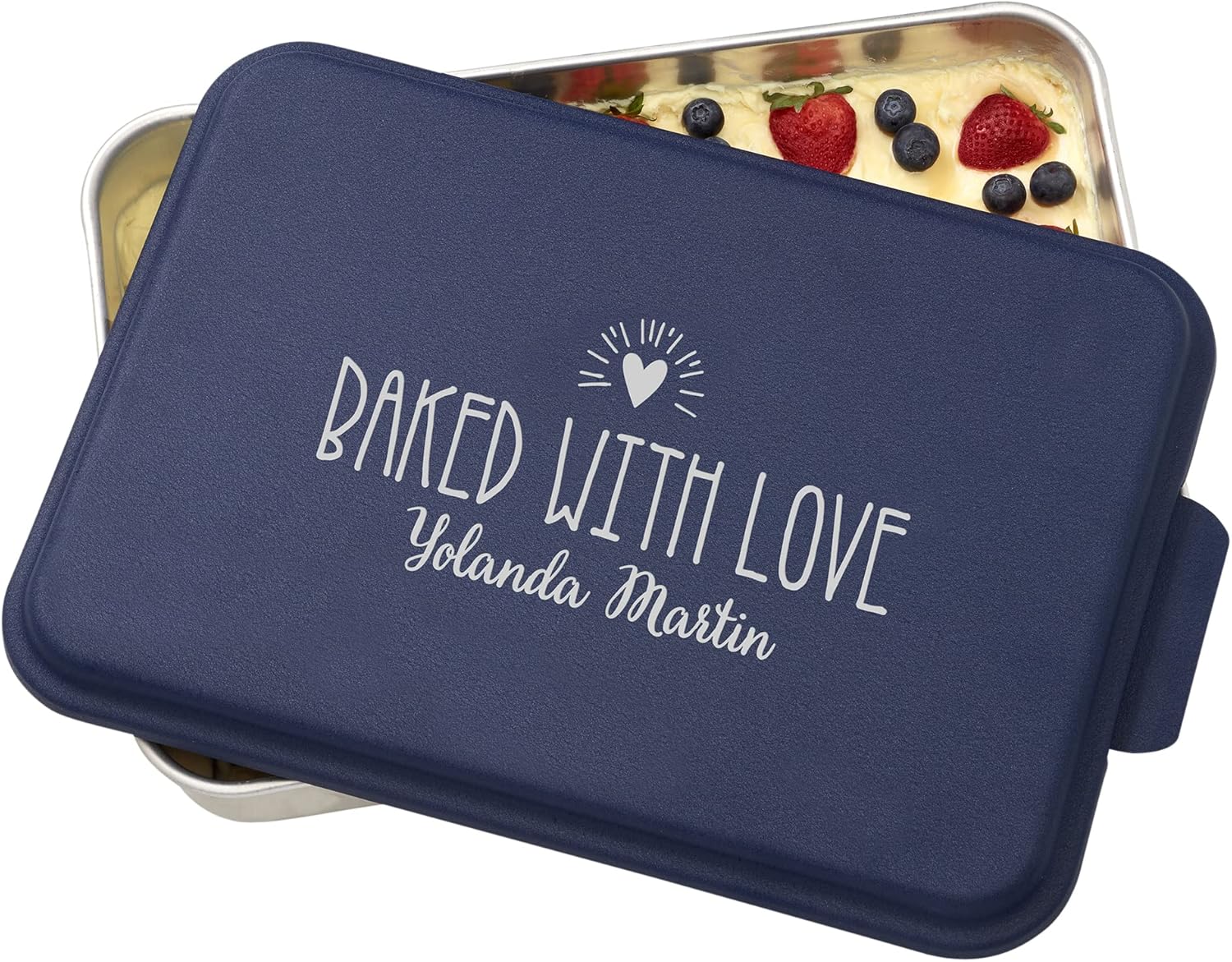 Personalization Universe Aluminum Made With Love Personalized Cake Pan with Lid, Perfect for Cake, Brownies, Casseroles, Cookies, Oven Safe, Made in USA - 9x13 Navy Lid