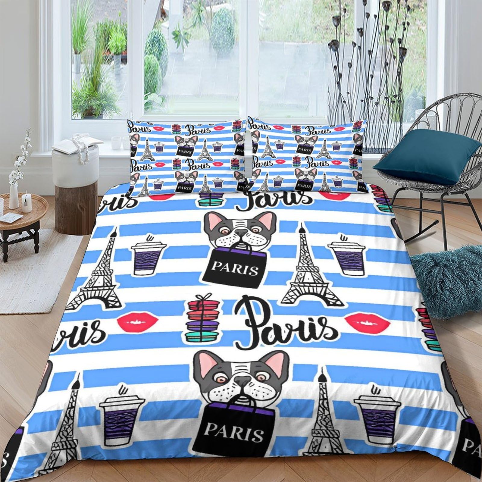 Housse de couette bouledogue français pour une chambre cosy à Paris