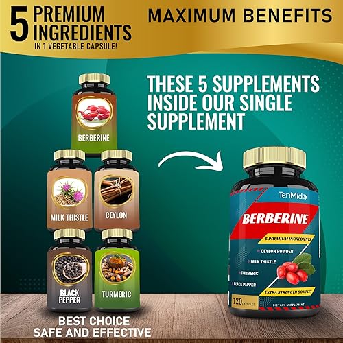 Miniatura 2 de Cápsulas de extracto de berberina, suministro para 4 meses y Ceilán, cardo mariano, cúrcuma, pimienta negra | Apoyos para la función inmunológica,