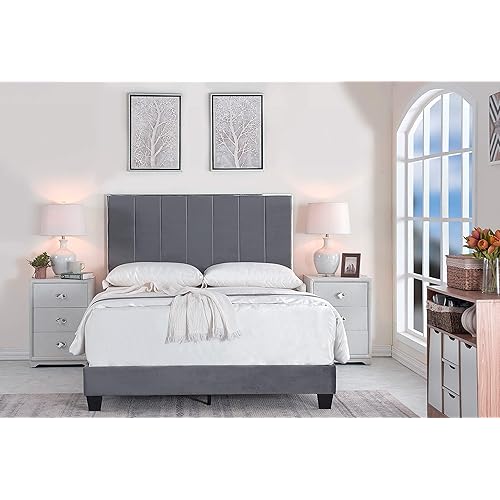 Container Furniture Direct Ronona Mid Century Modern Upholstered Platform Bed, Full Size, 78.25", Grey