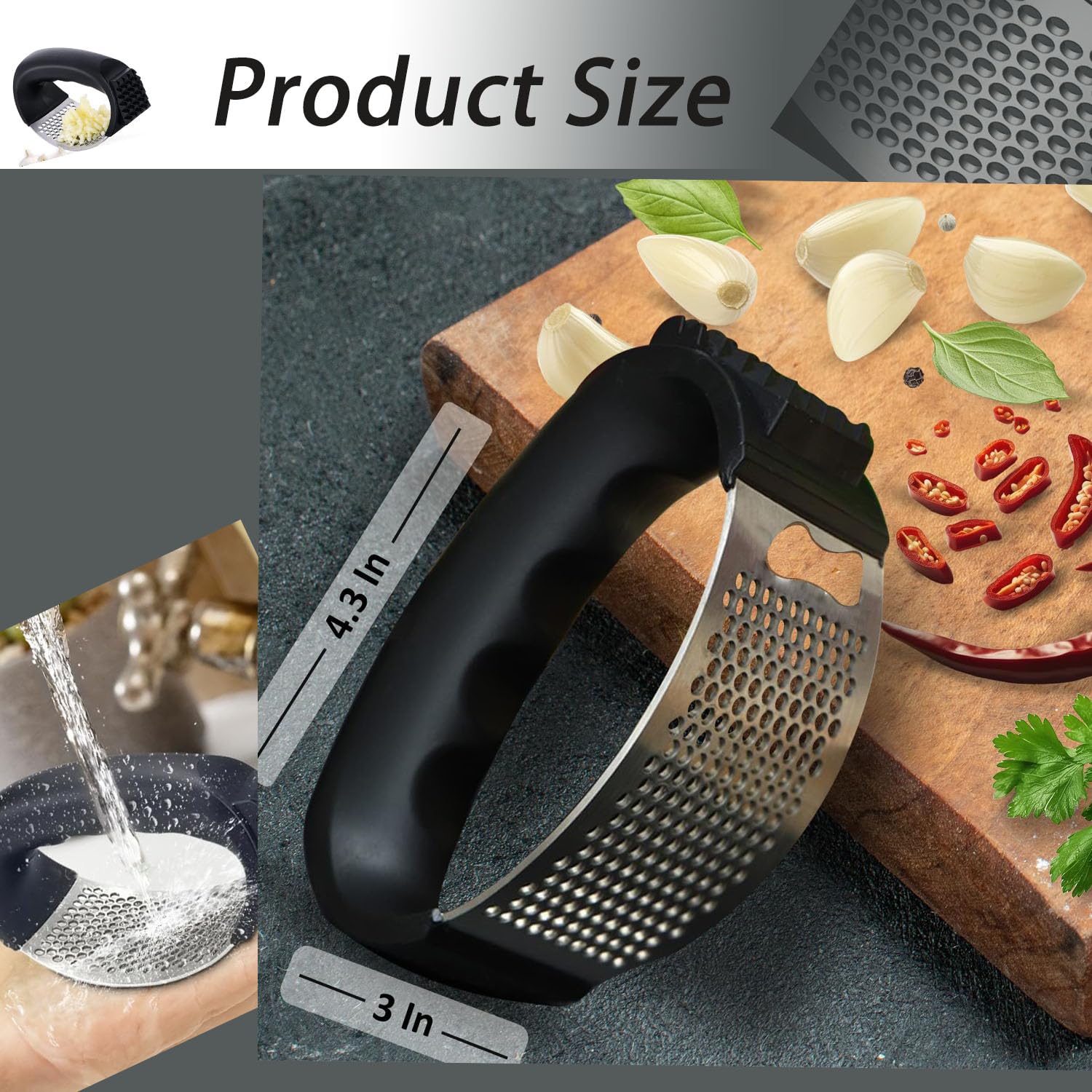 Stainless Steel Garlic Press, Garlic Press Rocker Garlic Masher Garlic Masher for Mashing Garlic, Kitchen Tools with Ergonomic Handle, Garlic Peeler