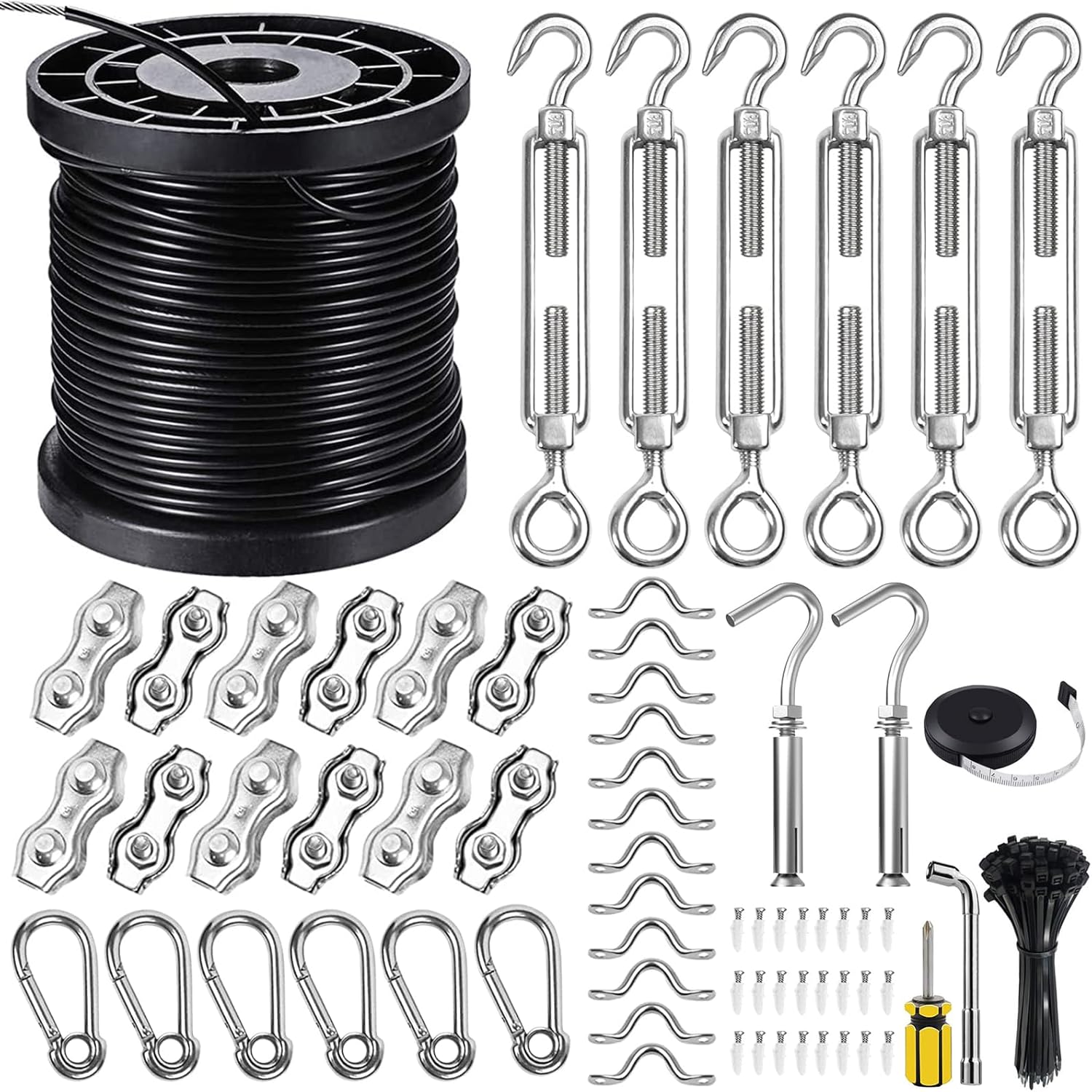 BLIKA String Light Hanging Kits, 300FT Coated Stainless Steel 304 Wire Rope, Outdoor Light Guide Wire, Globe String Light Suspension Kit Included Turnbuckles, Enough Accessories, Use Manual